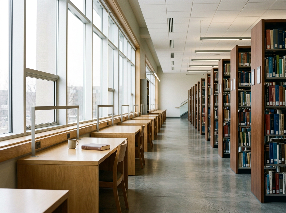 A quiet library with a row of wooden study desks along large windows and bookshelves filled with books on the right side.