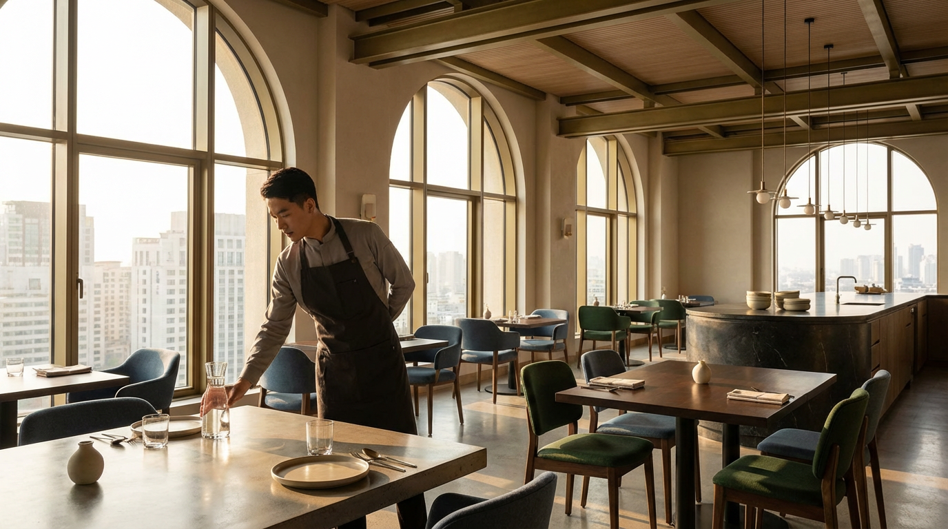 A waiter in a modern restaurant setting, preparing a table with glassware and utensils. The restaurant has large arched windows with a city view, wooden beams on the ceiling, and a minimalist decor with dark and green chairs.