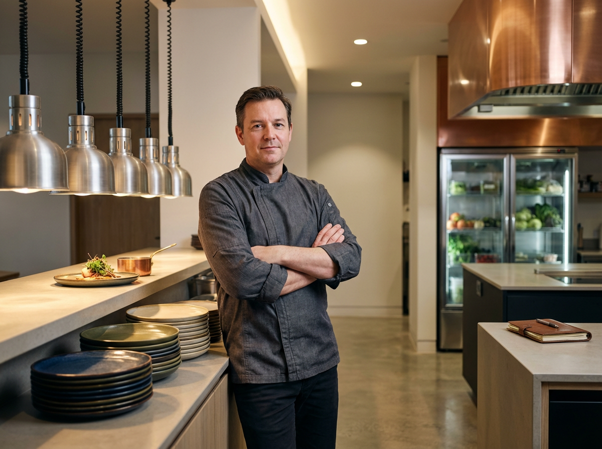 A male chef standing in a modern kitchen with his arms crossed, wearing a dark gray chef's coat. The kitchen features a row of hanging industrial-style pendant lights, a counter with stacked plates, and a refrigerator with glass doors filled with vegetables and other food items.