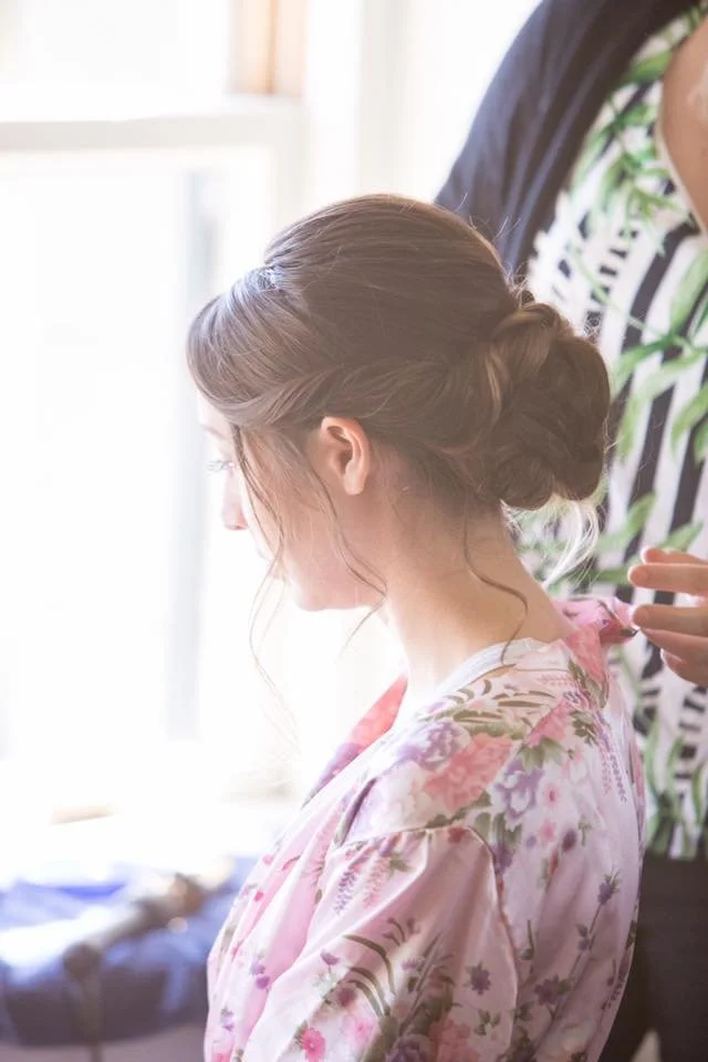 Elegant bridesmaid updo by Katelyn Webb Beauty for a Cape Cod, Massachusetts wedding.