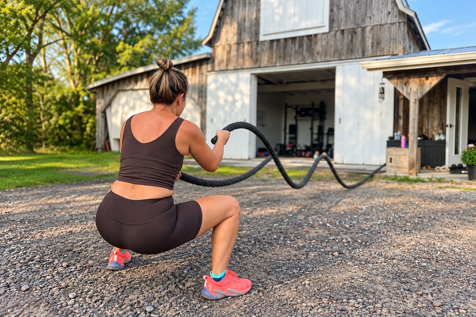 Woman in black workout clothes and pink sneakers doing a battle rope exercise outside in front of a barn with a gym inside.