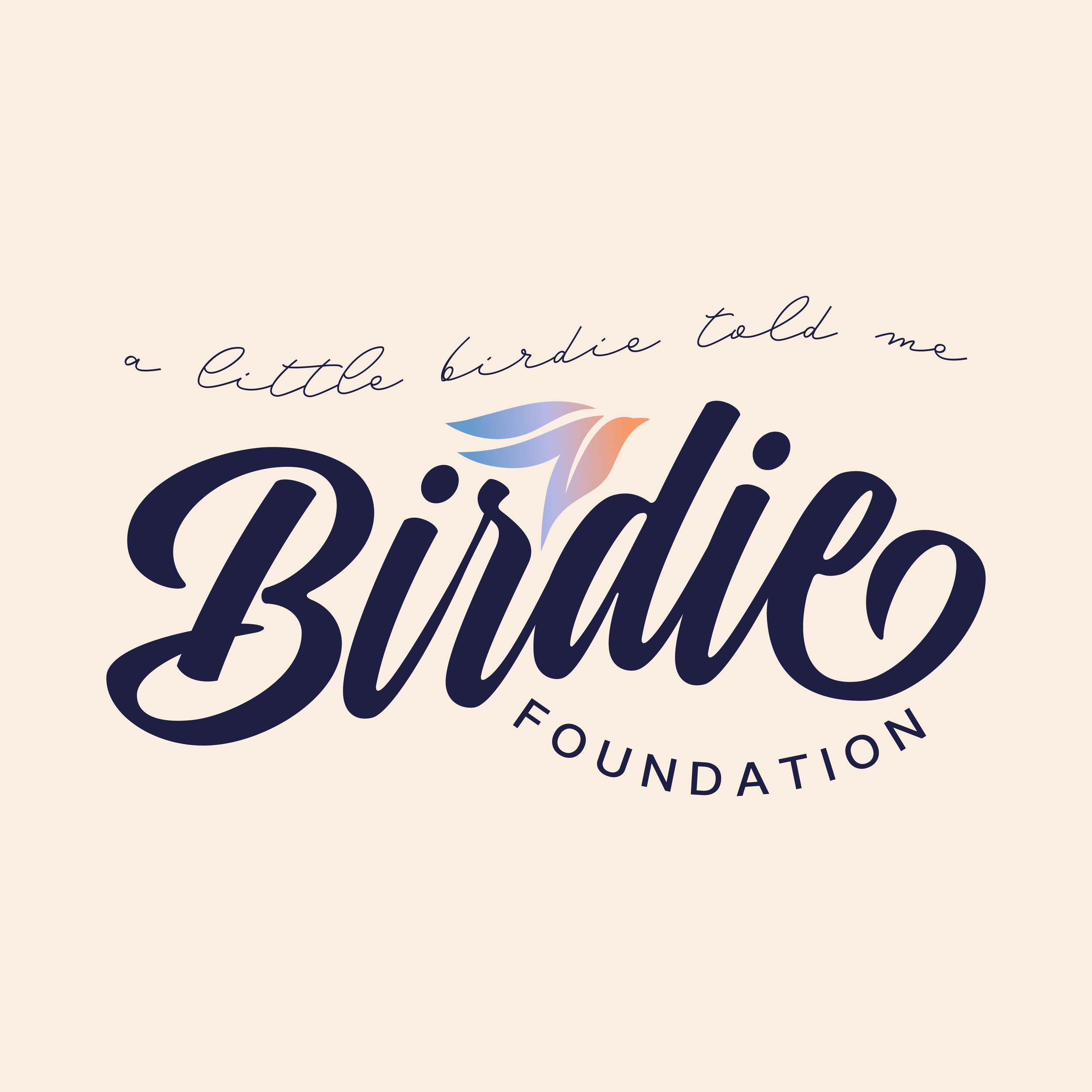 Part of a logo with cursive text that says "a little birdie told me" and stylized bird feather graphics in pastel colors.
