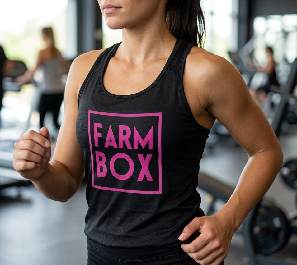 Woman exercising in gym wearing a black tank top with a pink 'FARM BOX' logo.