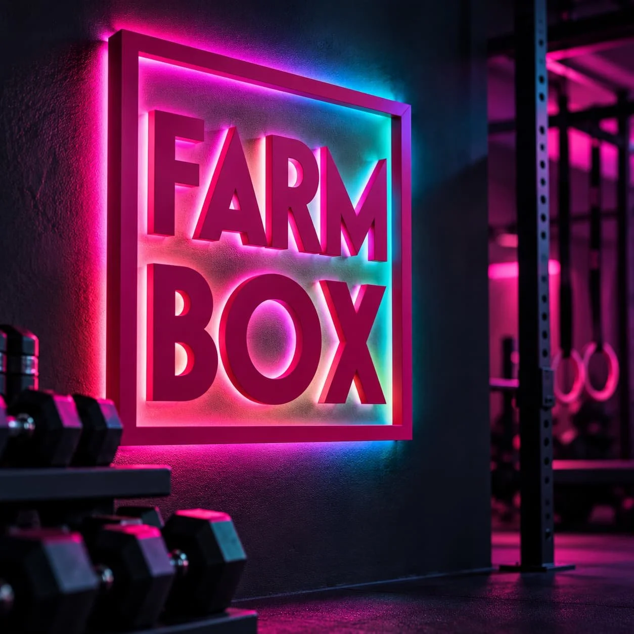 Neon sign reading 'Farm Box' in pink, purple, and blue colors, mounted on a textured wall in a gym or fitness center with dumbbells visible in the foreground.