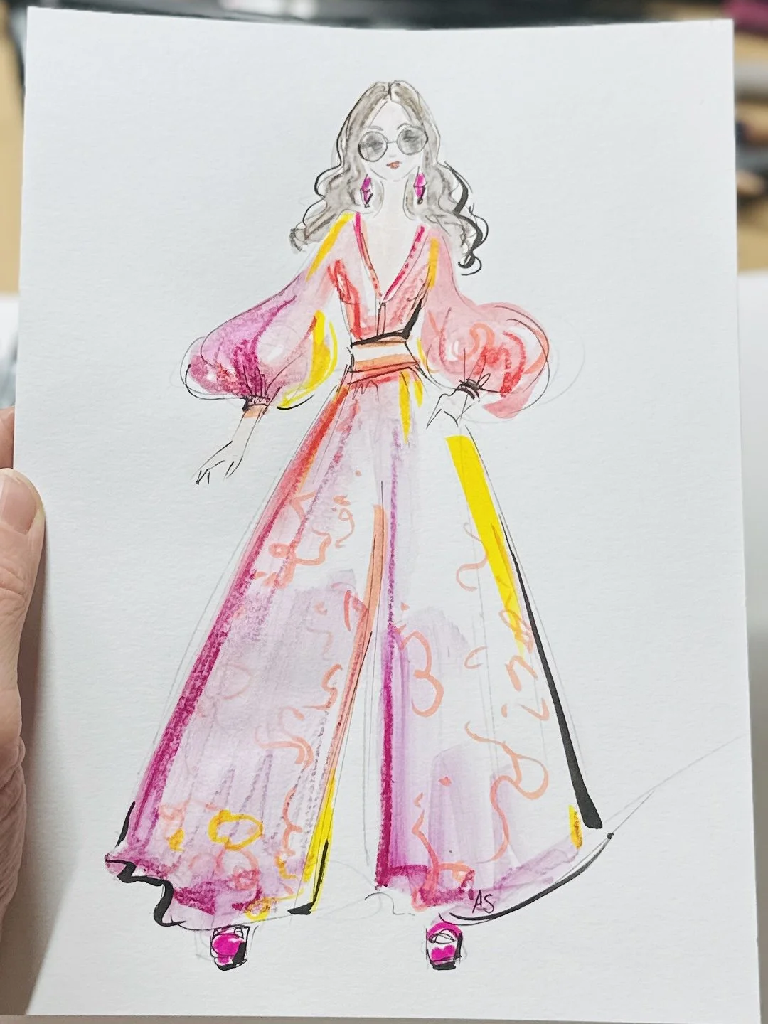 Woman with pink outfit fashion sketch event by anna Schwarzer  