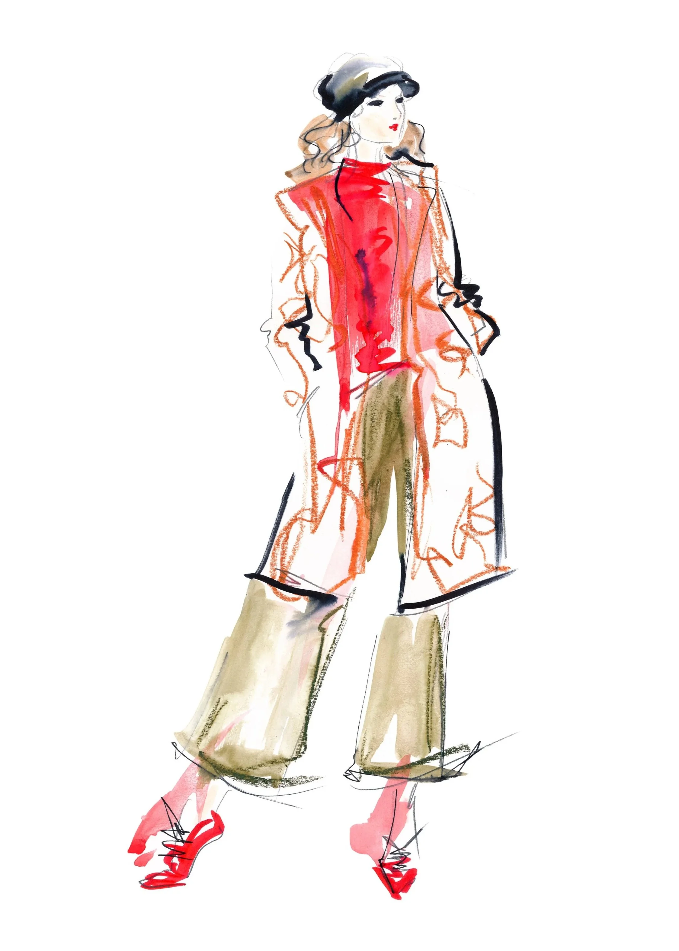 Live Sketch created by Anna Schwarzer , Woman with hat, elegant red coat and red shoes
