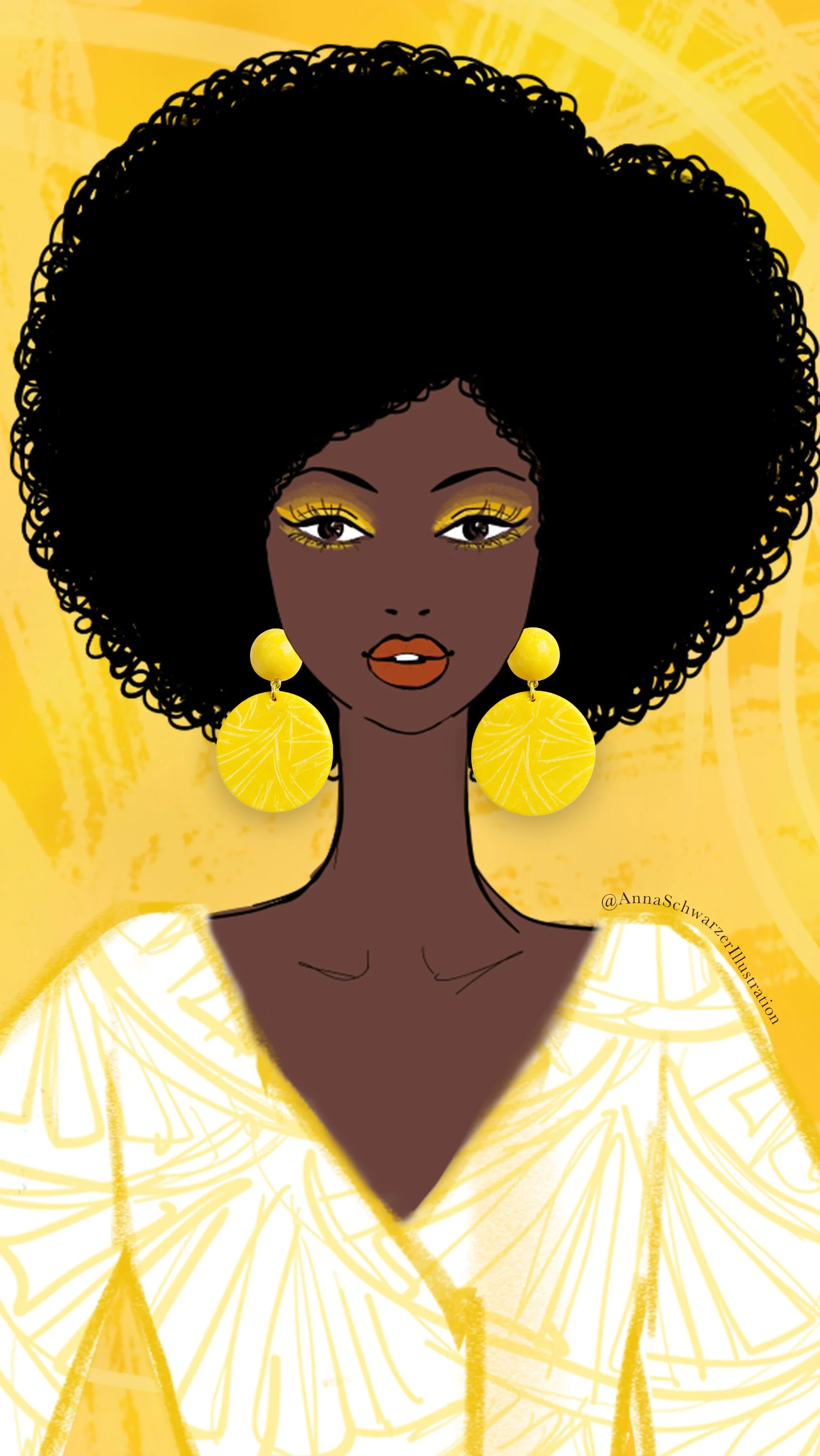 Illustration einer schwarzen Frau mit natürlicher afrohaariger Frisur, gelbem Augen-Make-up, großen gelben Ohrringen und einem gelb-weißen Kleid vor einem gelben Hintergrund.