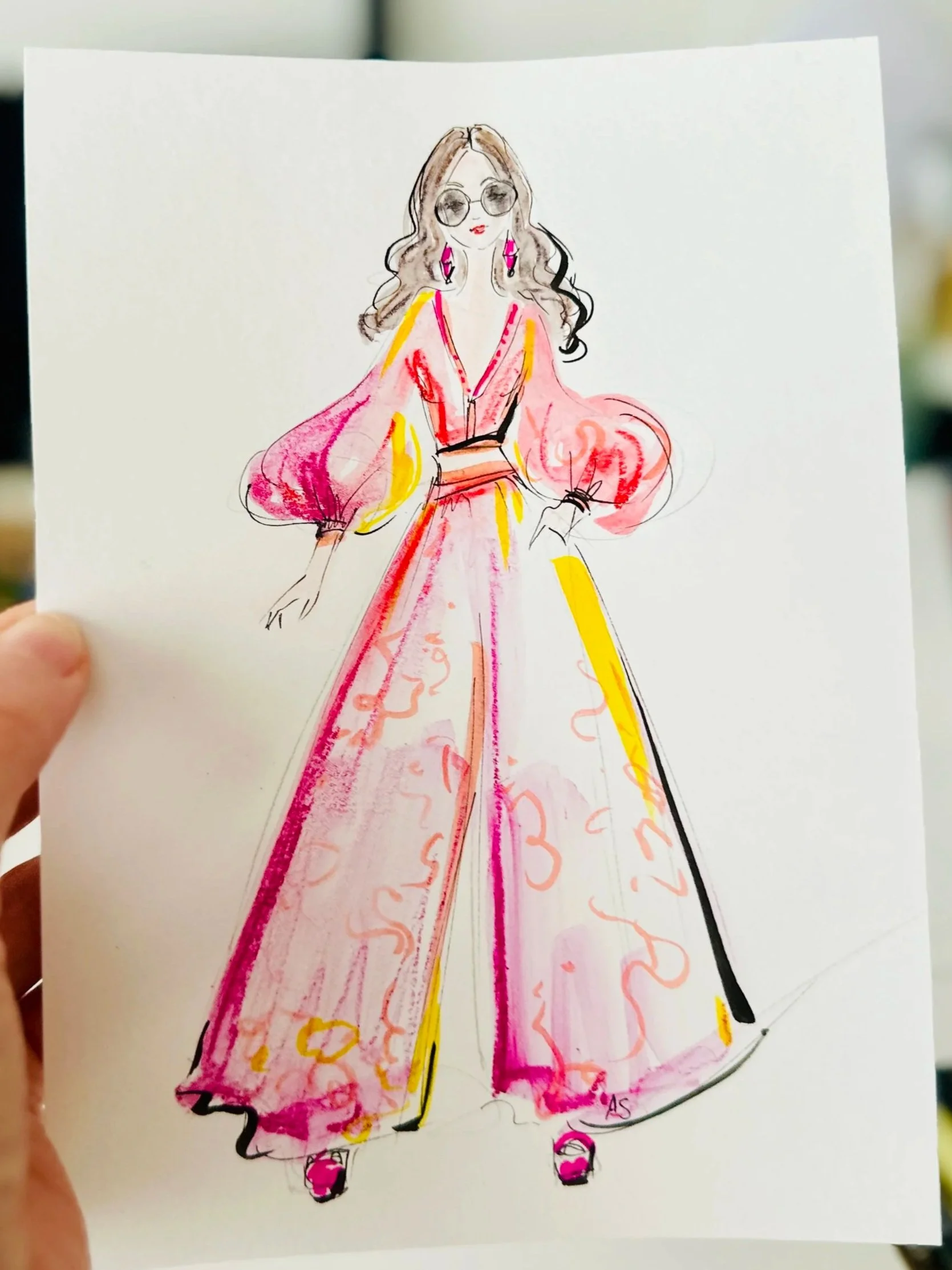 Woman with pink outfit fashion sketch event by anna Schwarzer  