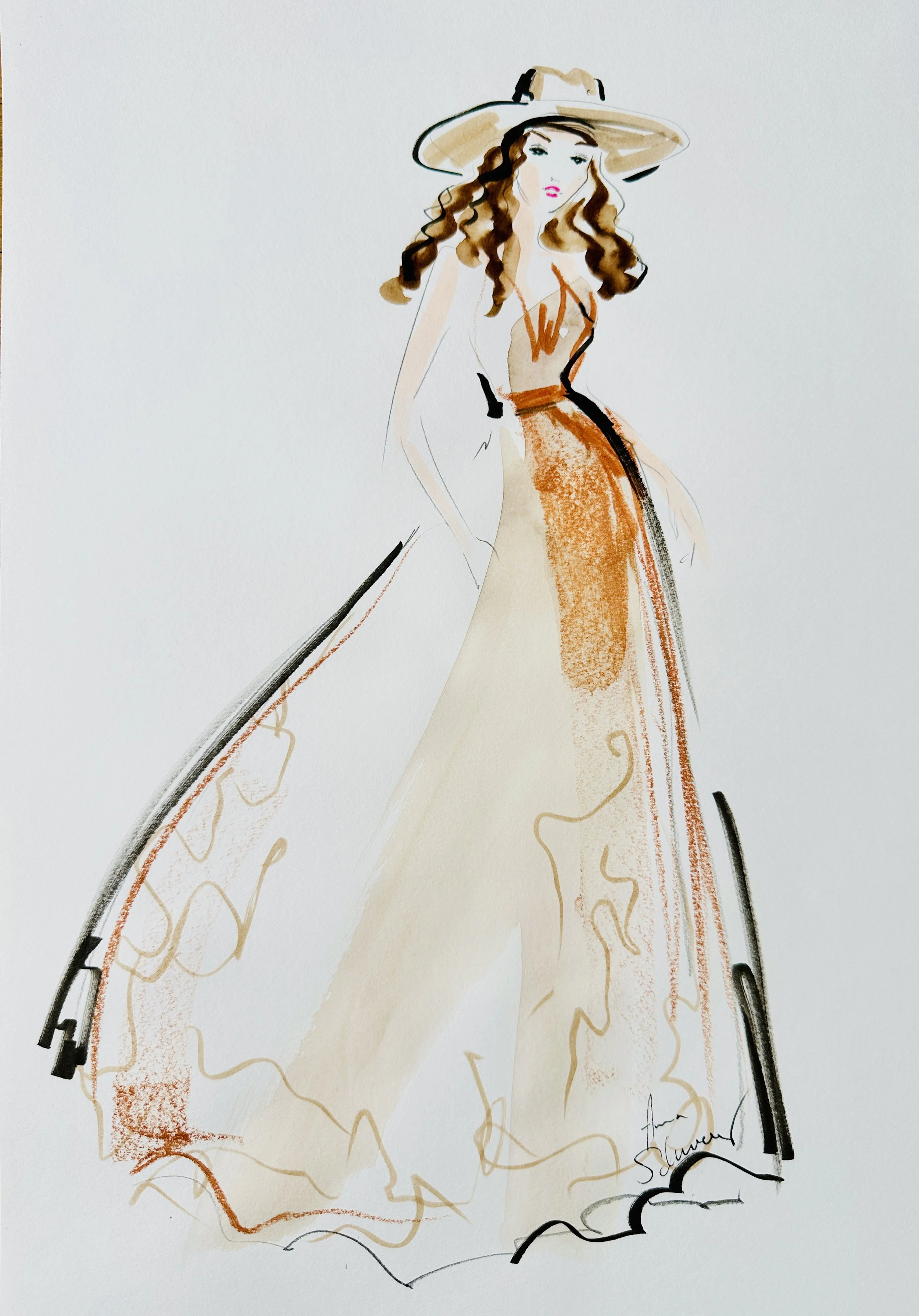 Illustrated woman with a long dress, Watercolor, Fashion Sketch Event by Anna Schwarzer 