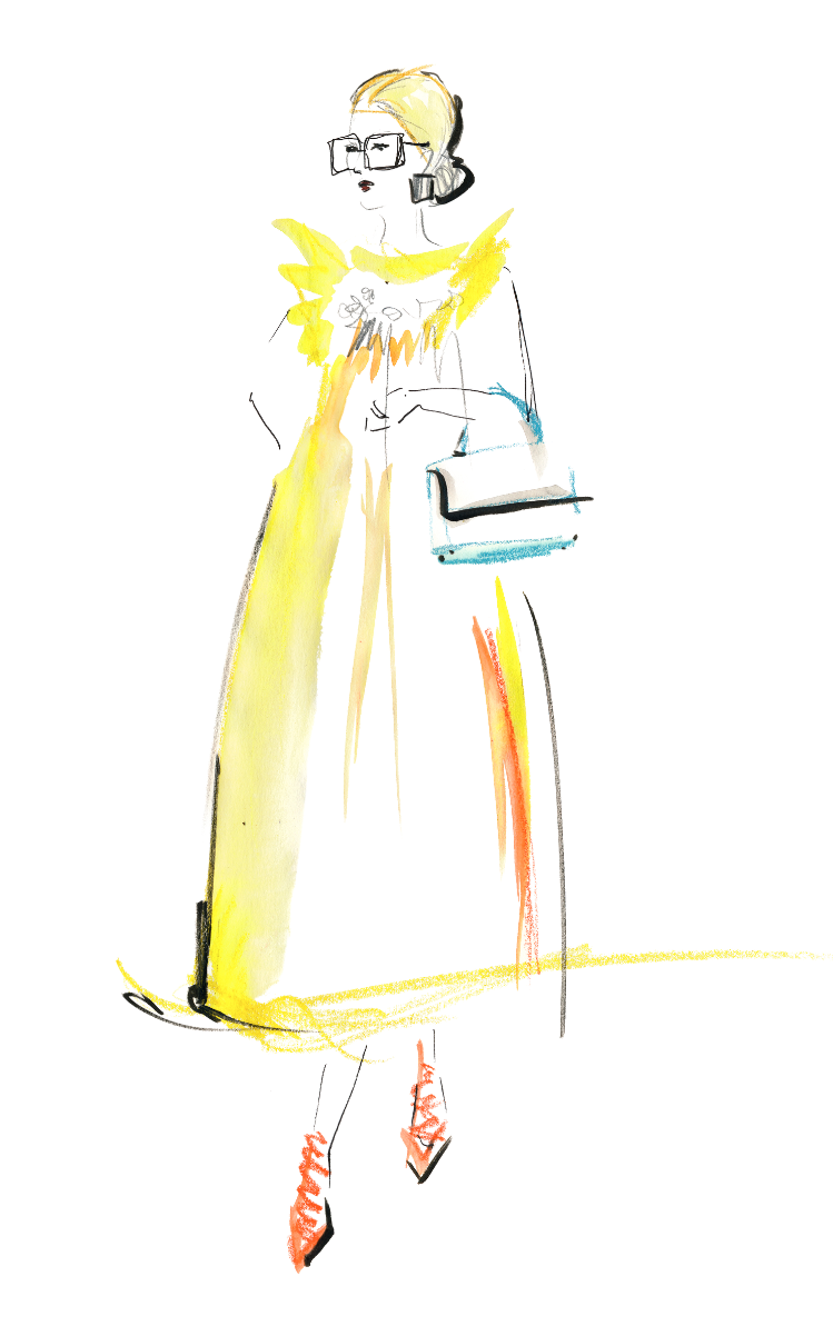Live Fashion Sketch of Woman with yellow Dress,Zeichnen Karikatur Brand Event Client Experience by Anna Schwarzer 
