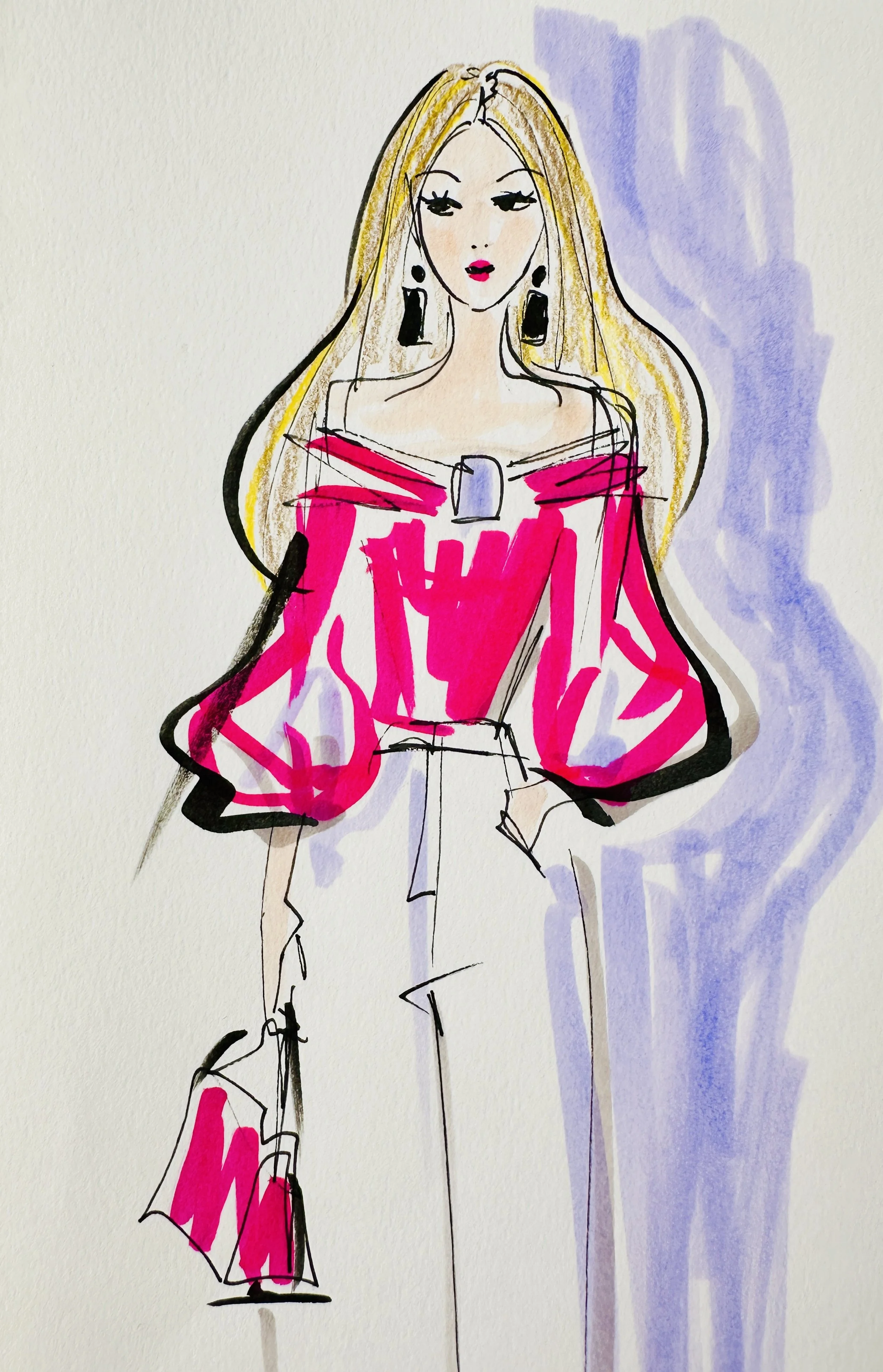 Small Fashion Sketch, Half Body, Pink Blouse, by Anna Schwarzer 