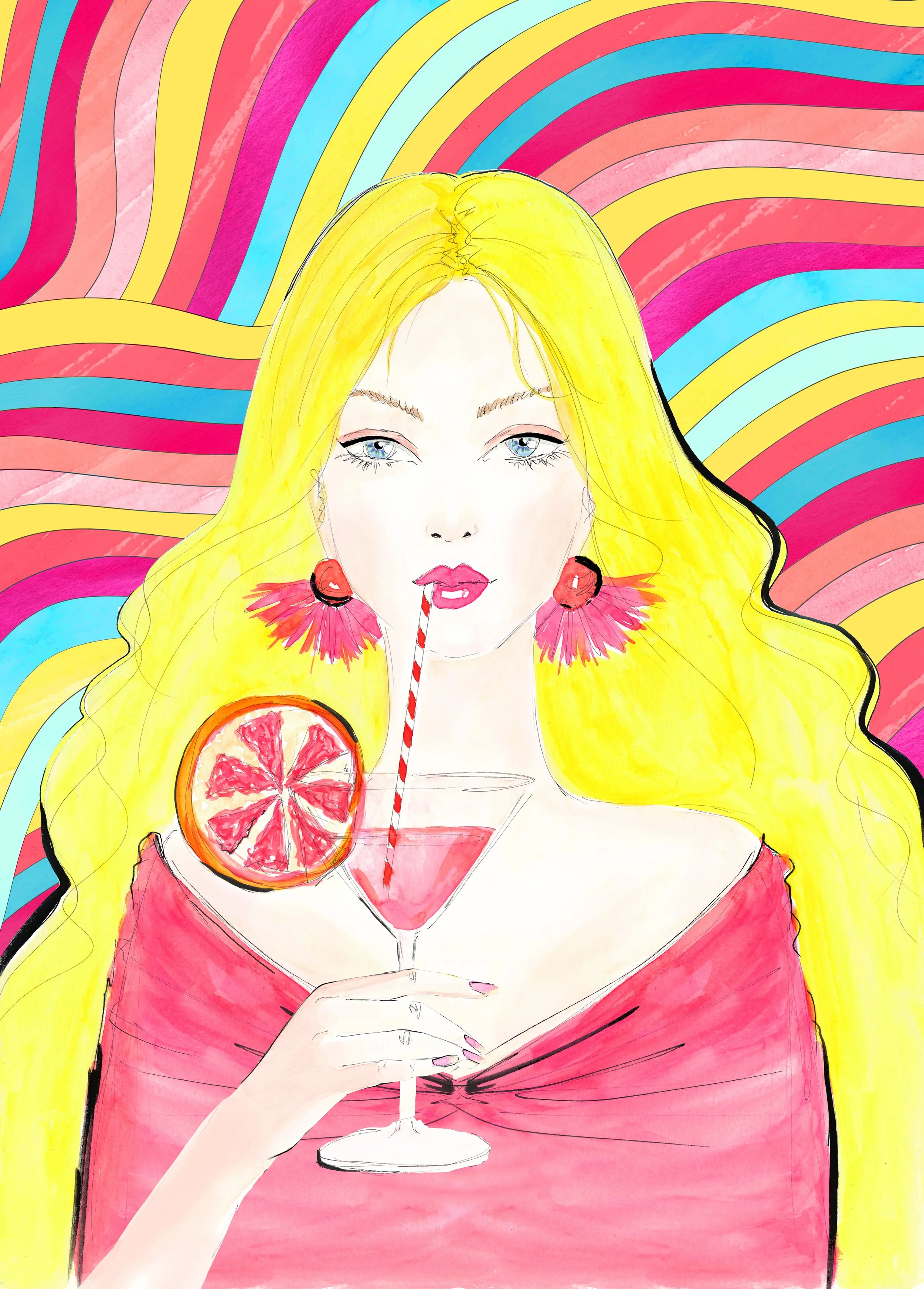 Bunte Modeillustration einer blonden Frau mit einem Sarti Spritz Drink und bunten Linien im Hintergrund 