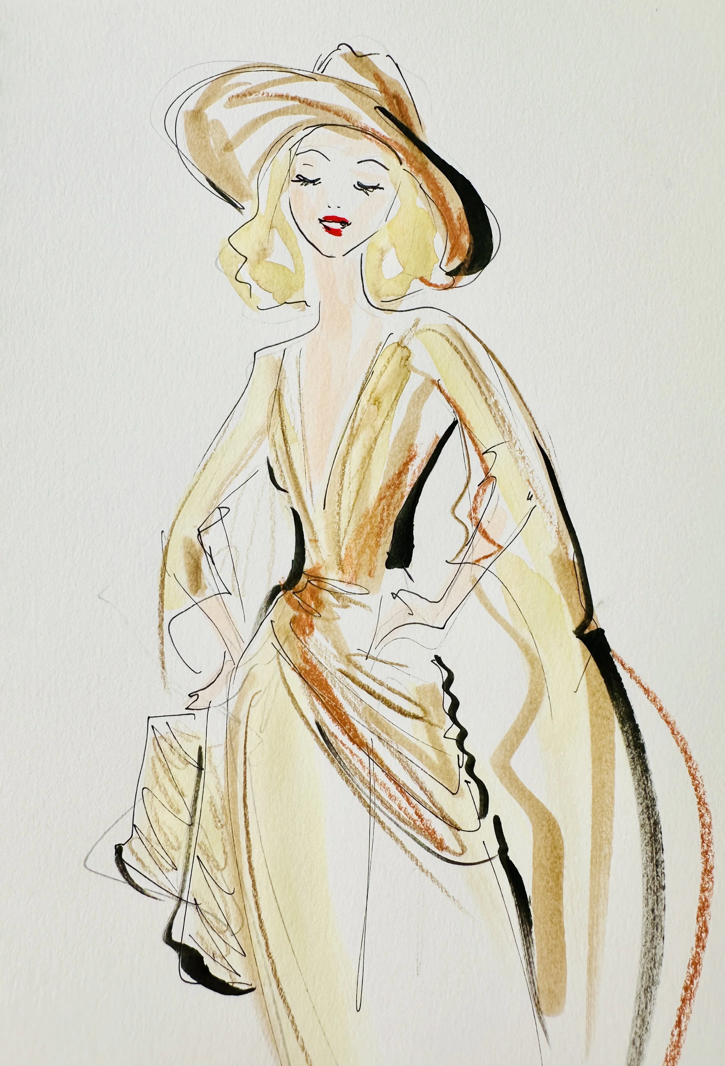 Half Body Fashion Sketch Event, Woman with a hat, live drawing by Anna Schwarzer 