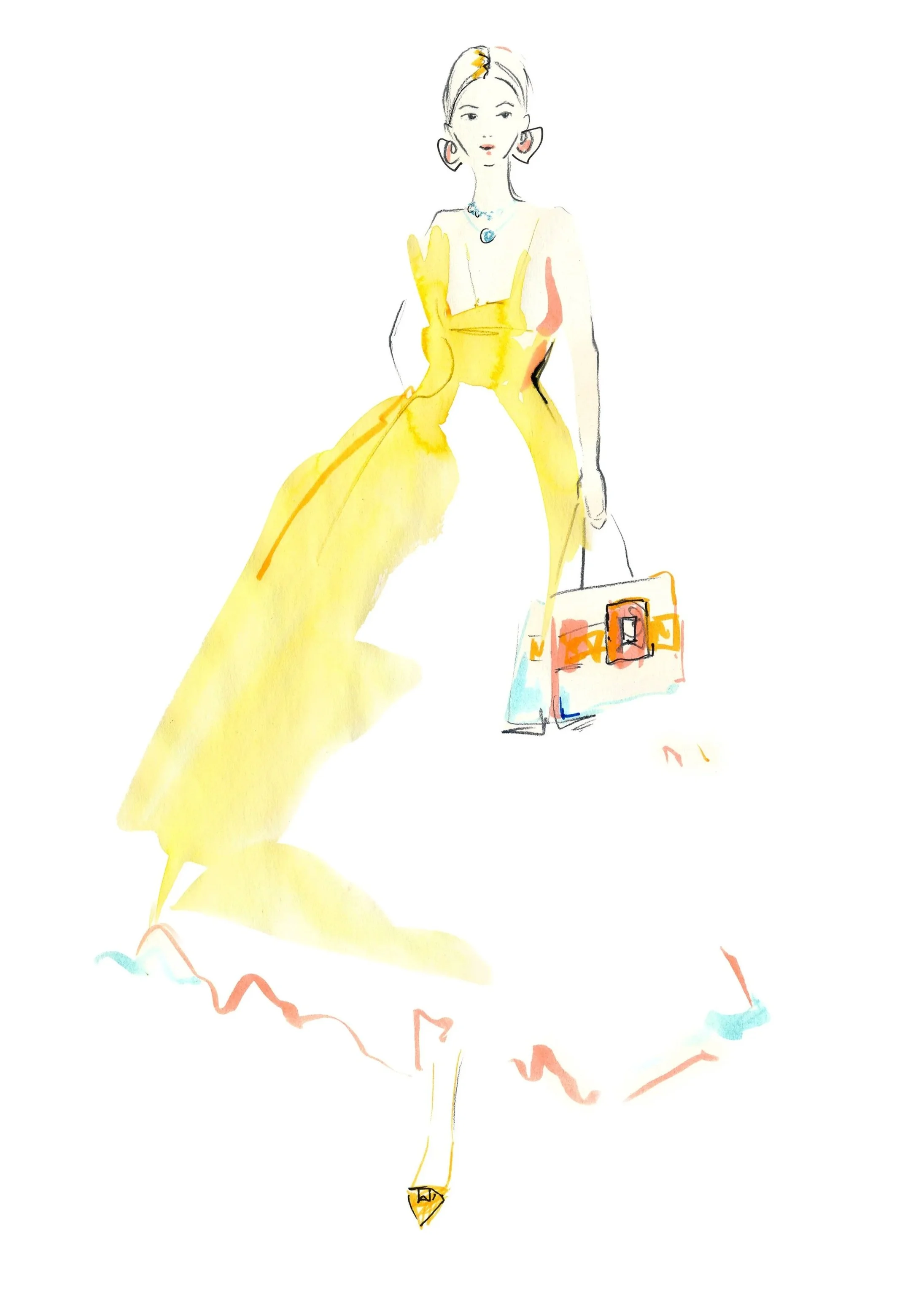 Fashion Sketch with a watercolor dress in yellow by Anna Schwarzer 
