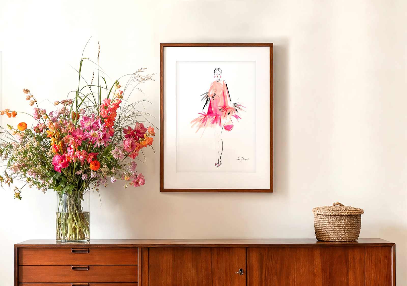 Live event Fashion Sketch pink Dress by Anna Schwarzer 