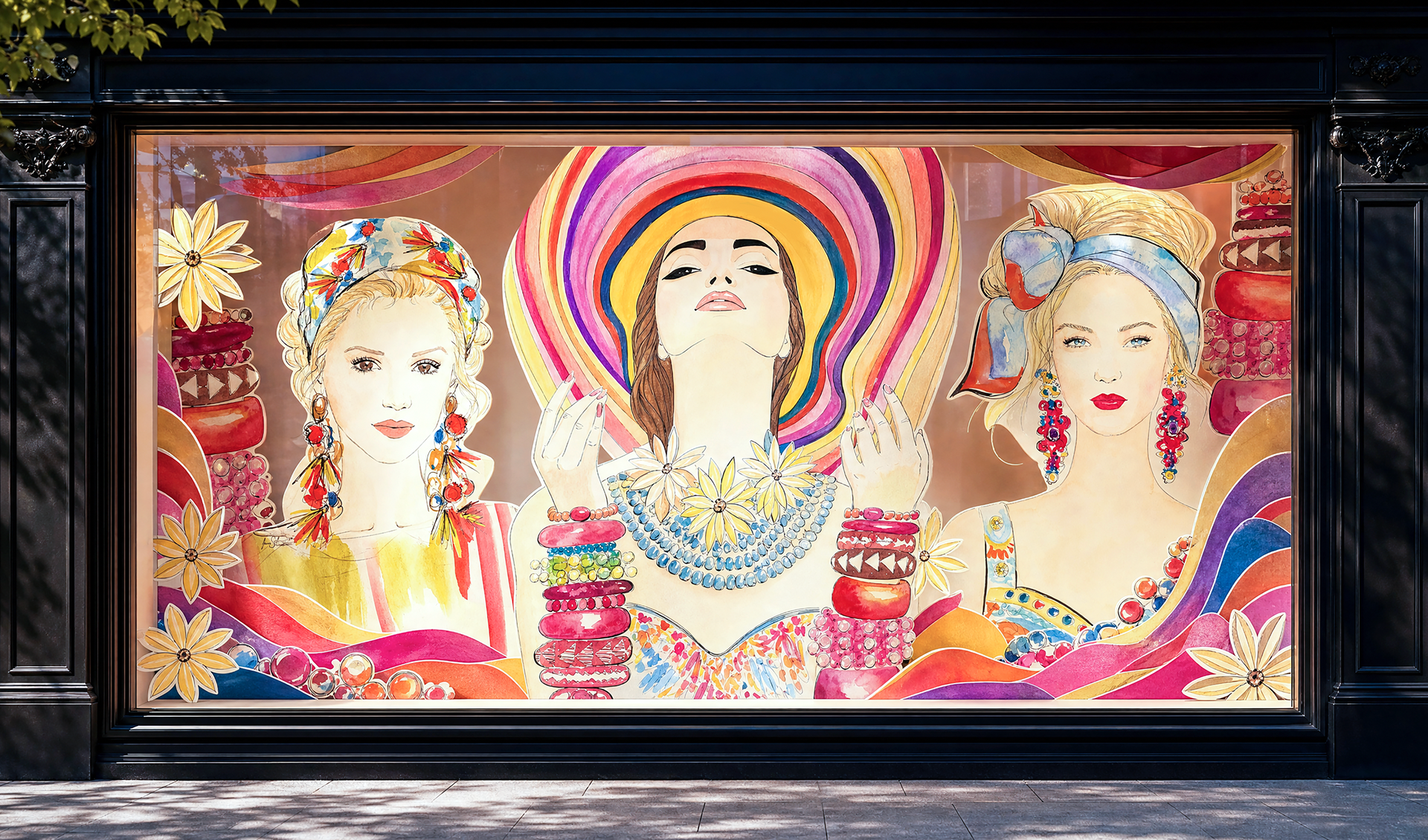 Shop Window Display with vibrant, colorful Fashion Illustrations by Anna Schwarzer – Illustration & Creative Concepts // Schaufensterdekoration mit lebendigen, farbenfrohen Modeillustrationen von Anna Schwarzer – Illustration & Creative Concepts