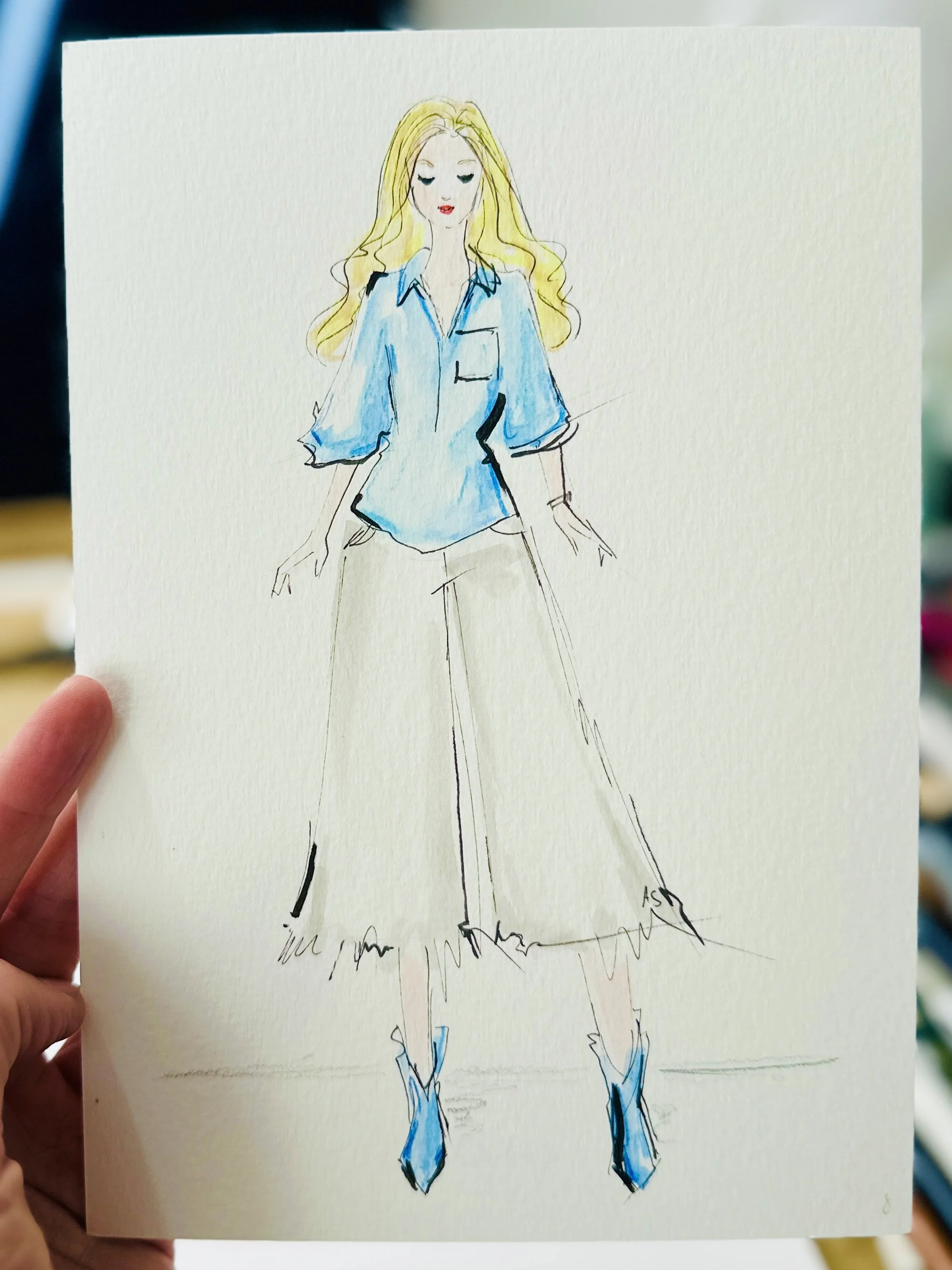 Frankfurt Live Event Zeichnen Illustration, Woman with white Jeans blue Shirt by Anna Schwarzer 