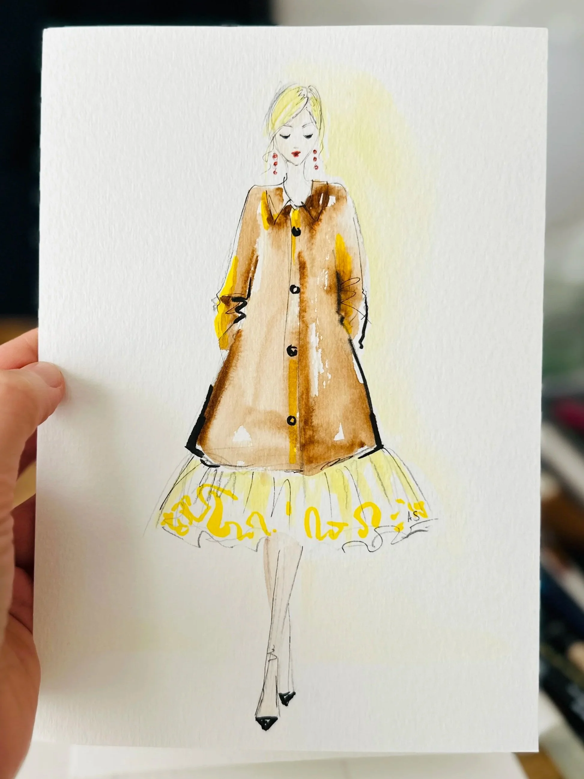 Fashion Sketch of a Woman with brown coat and yellow dress by Anna Schwarzer 