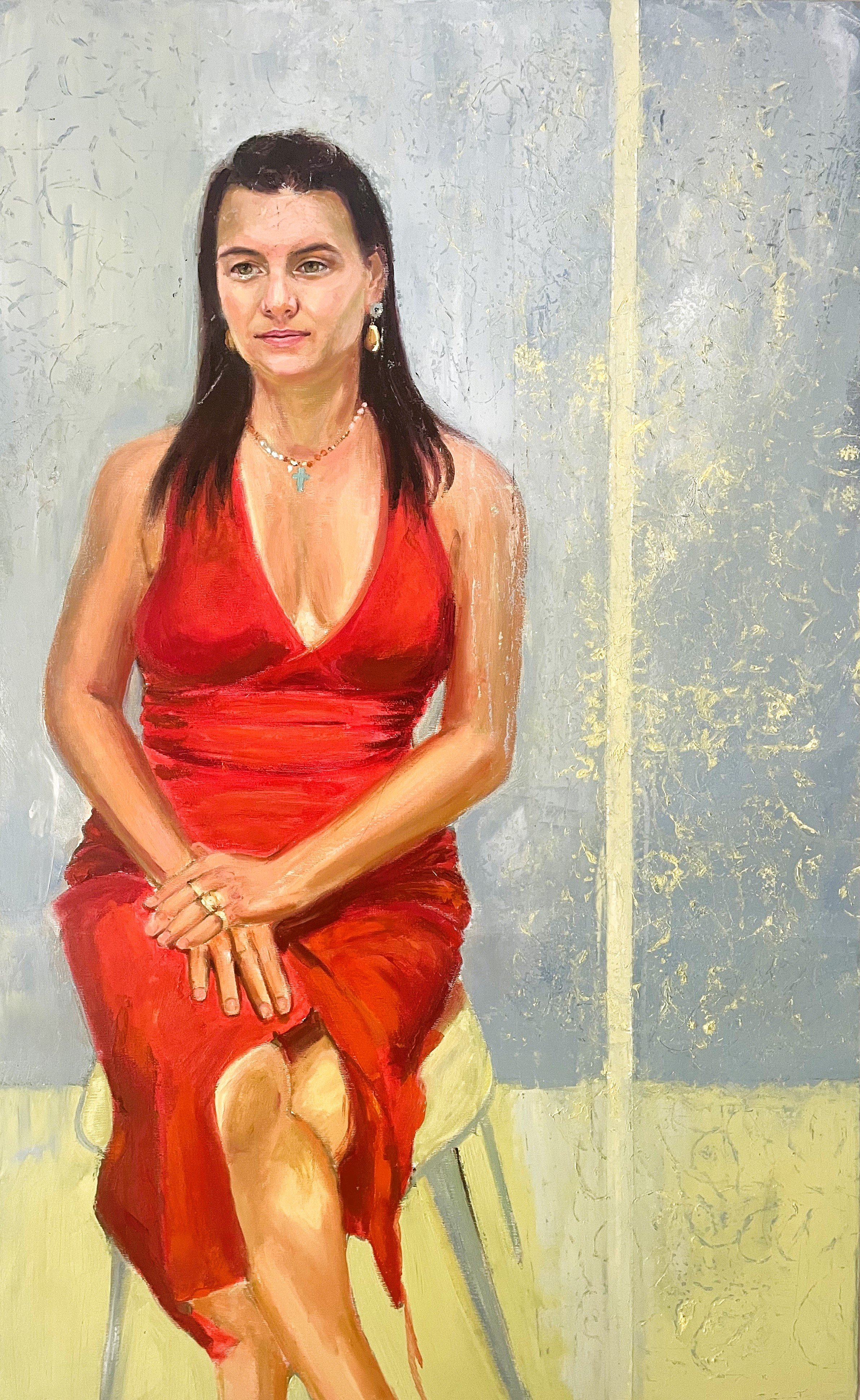 1.9: My Version of Lady in Red; Mixed media — acrylic underpainting and oil on canvas; 90 x 60cm - In a private collection