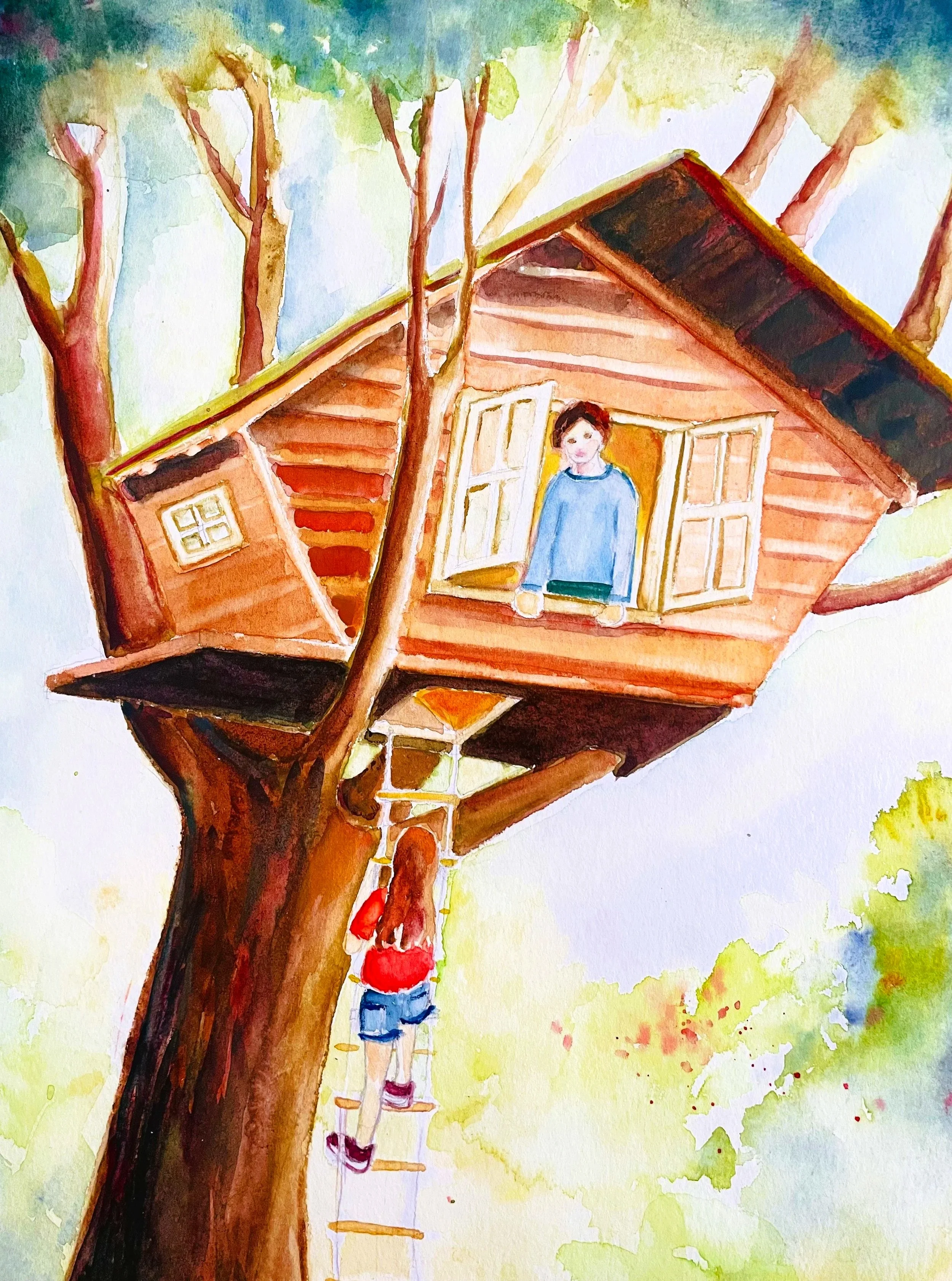 Watercolor painting of a treehouse in a tree with a girl on a ladder and a boy peering out of a window, surrounded by watercolor greenery.