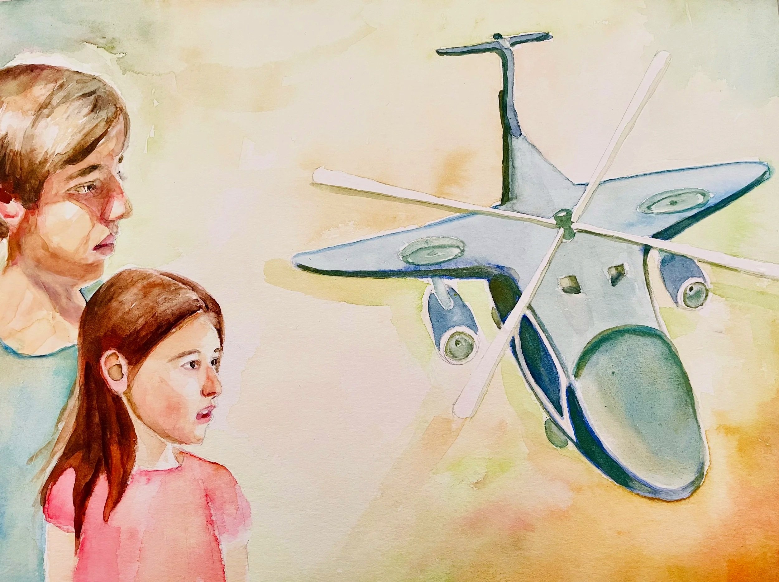 A watercolor painting of two children with curious, interested expressions, looking at a flying device that combines the features of an airplane and a helicopter. Soft pastel colors and a minimal background.