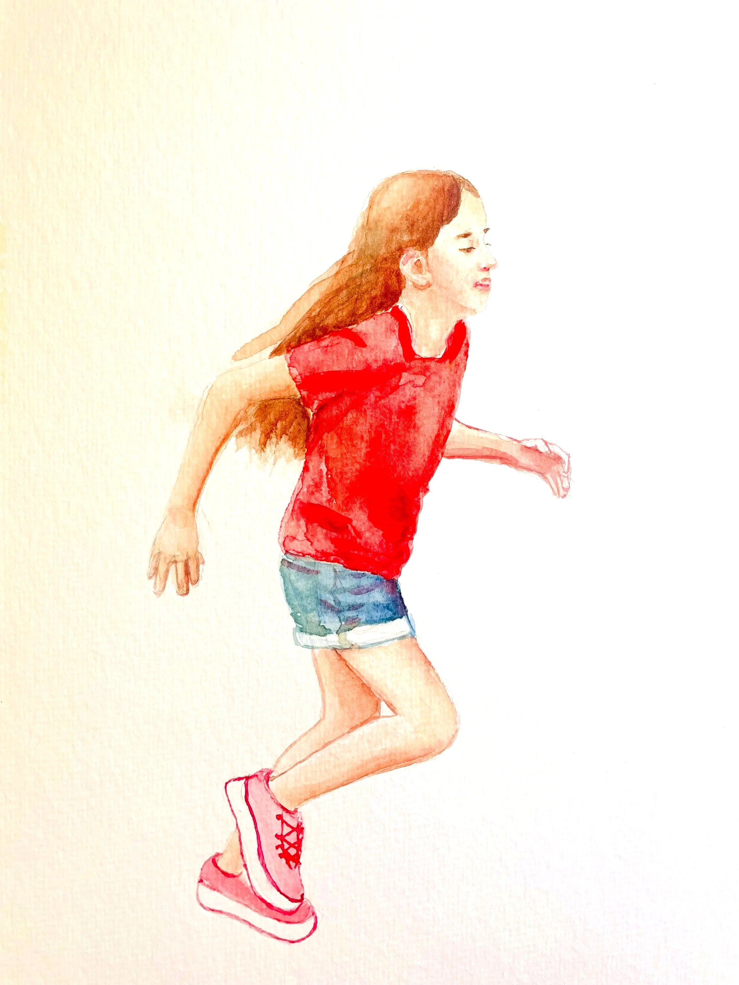 Watercolor illustration of a young girl with long brown hair, wearing a red t-shirt, denim shorts, and pink sneakers, running after someone