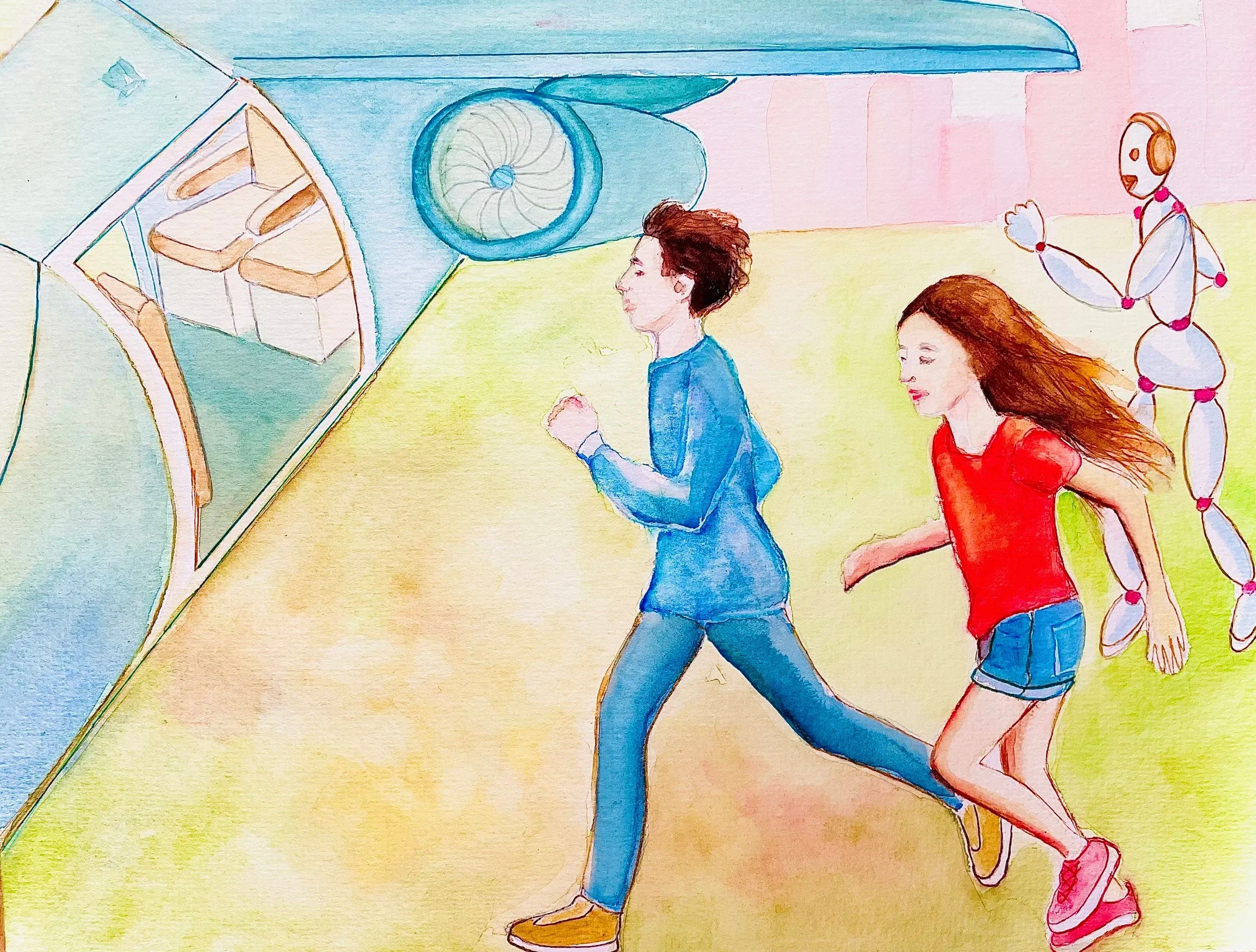 A watercolor painting of a boy running alongside a girl outdoors, with a robot running in the background. All three are moving toward an airplane-helicopter device. The scene is painted in soft pastel colors with a minimal background.