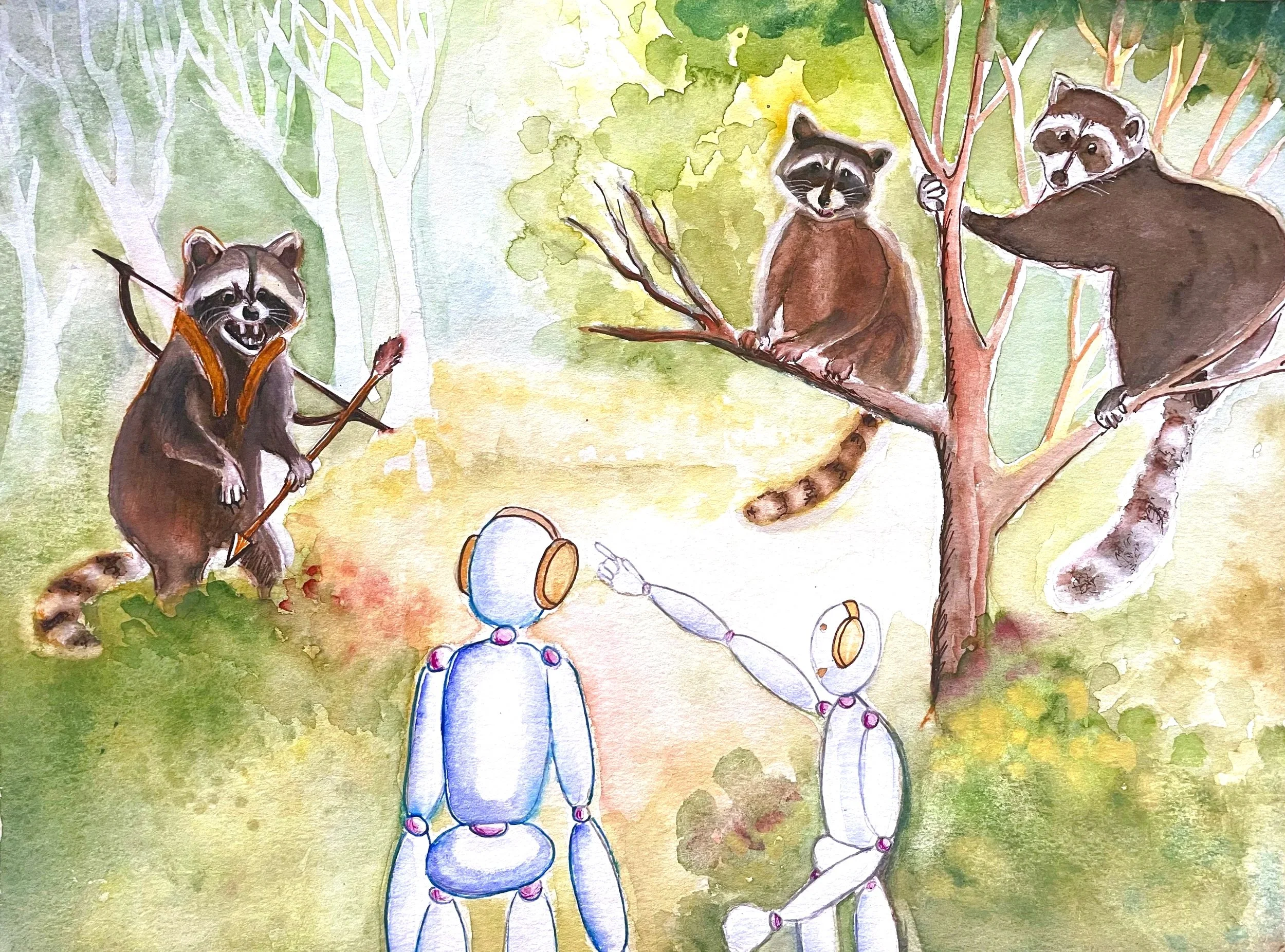 An illustration of three raccoons in a forest surrounded by green trees. One raccoon is standing on the ground holding a bow and arrow, while the other two are watching from tree branches. Two robots are nearby, with one pointing toward the raccoons