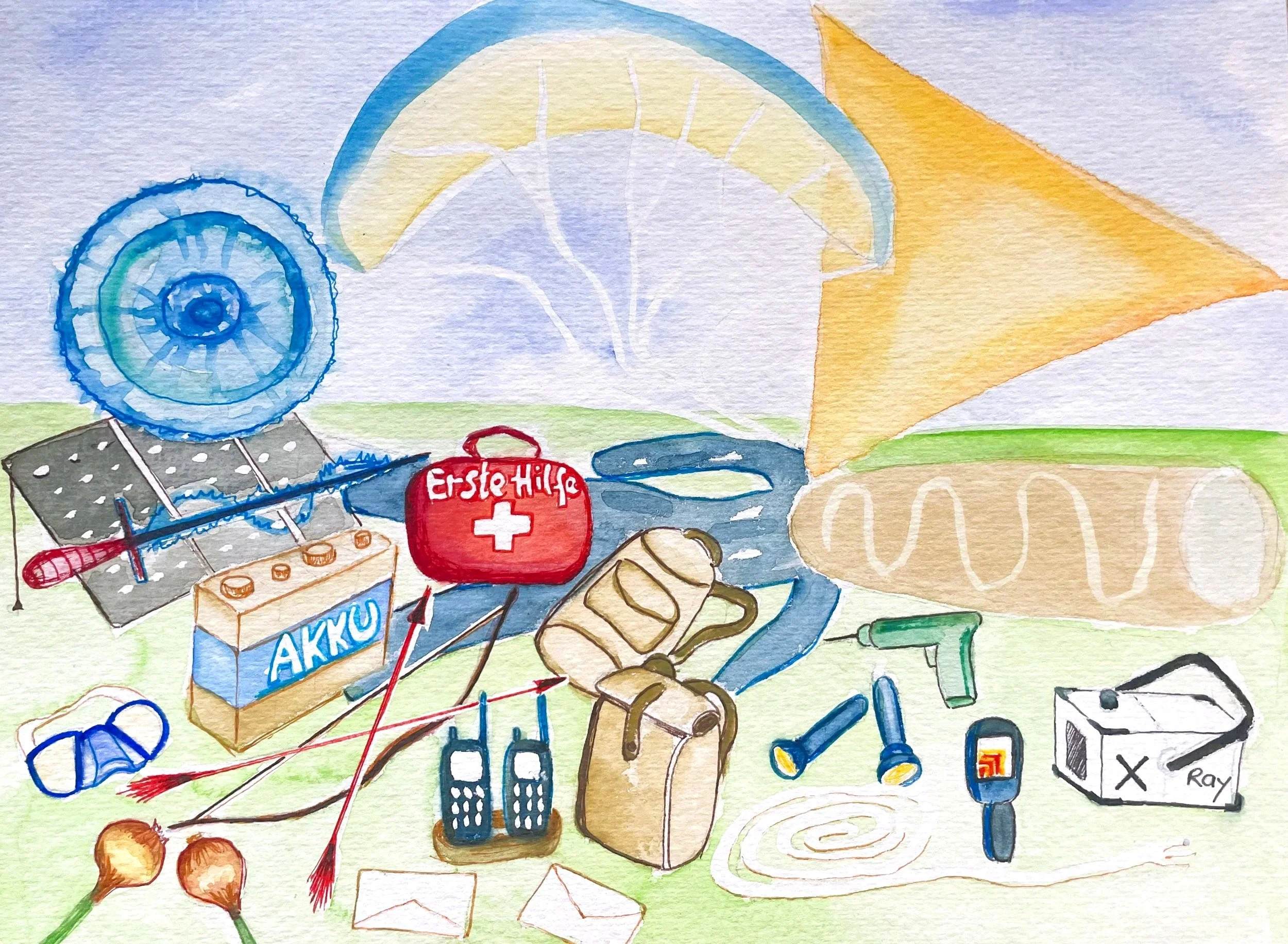 Watercolor drawing of various objects including a blue shell, a red first aid kit, a remote control, a green lighter, a small gray box, and other miscellaneous items on a grassy background.