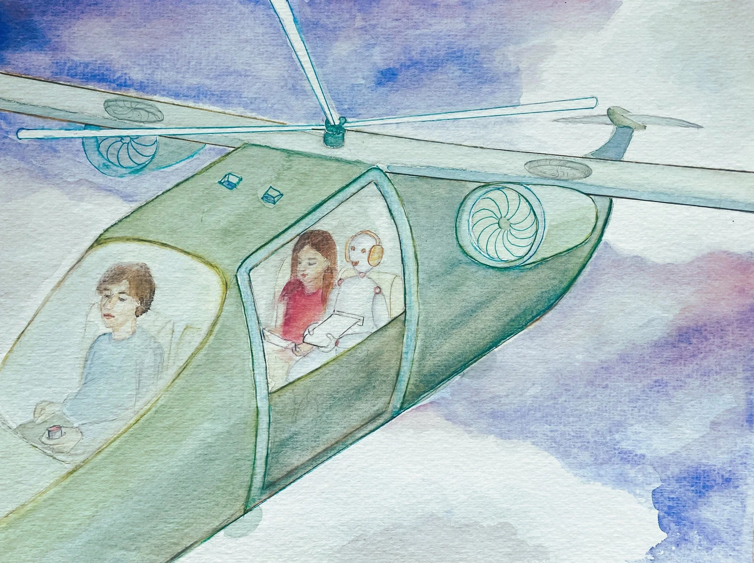 A watercolor illustration of a helicopter flying through a cloudy sky with three characters inside: a girl with long brown hair, a humanoid robot sitting beside her, and a boy with brown hair piloting the helicopter.