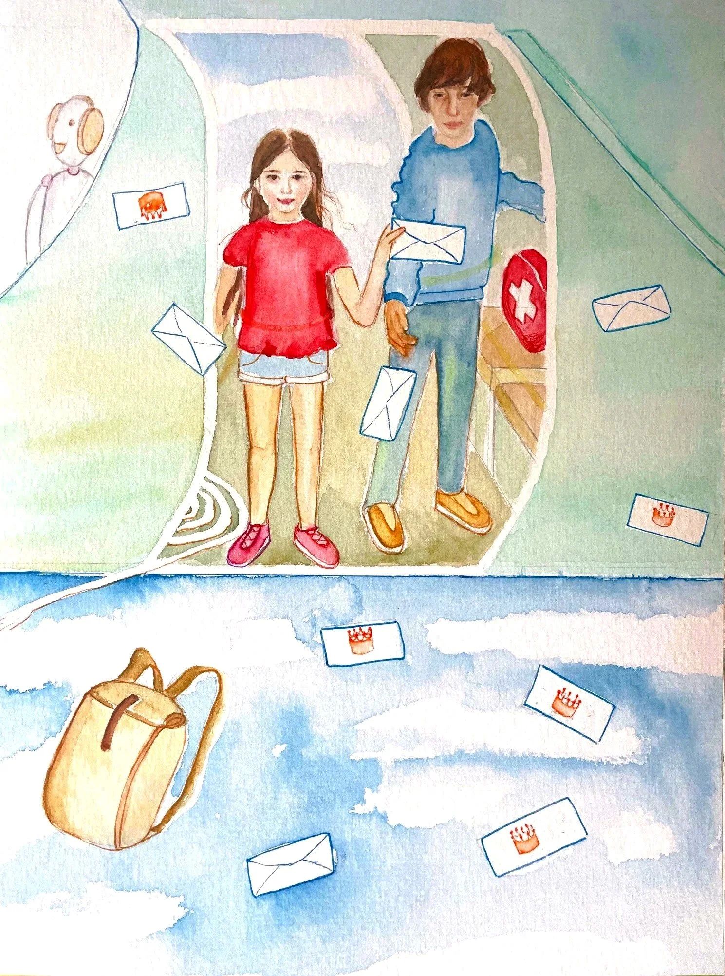 Watercolor painting of two people, a girl in a red shirt with brown hair and a boy in a blue shirt with brown hair, standing inside a hallway with a red first aid kit on the wall. There are white envelopes with red stamps floating around, a beige pur