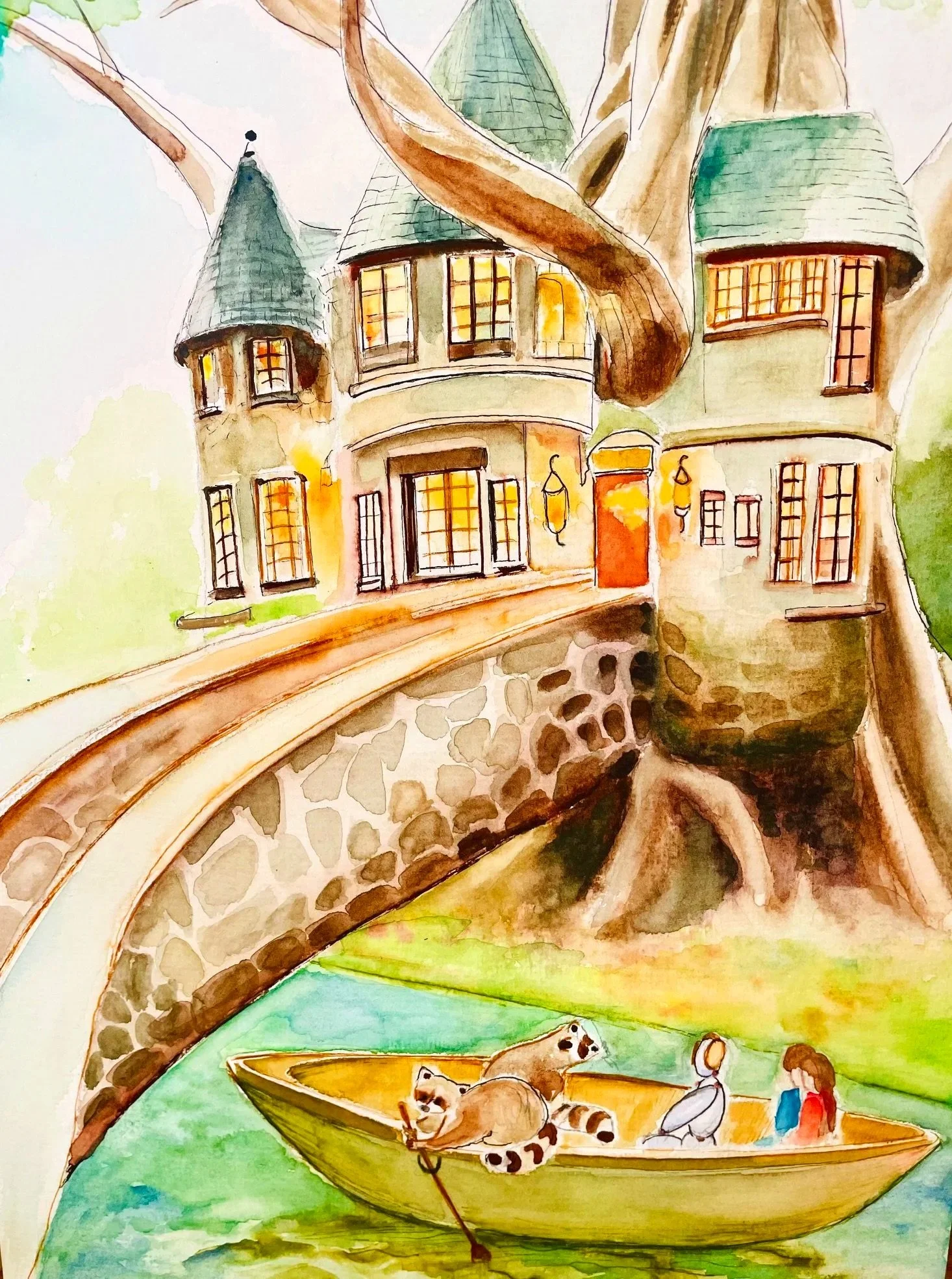 Watercolor painting of a scenic castle with green rounded roofs and lit windows, situated on a hill with a stone bridge and a river below. A boat carrying three raccoons, a humanoid robot, and two children is sailing along the river.