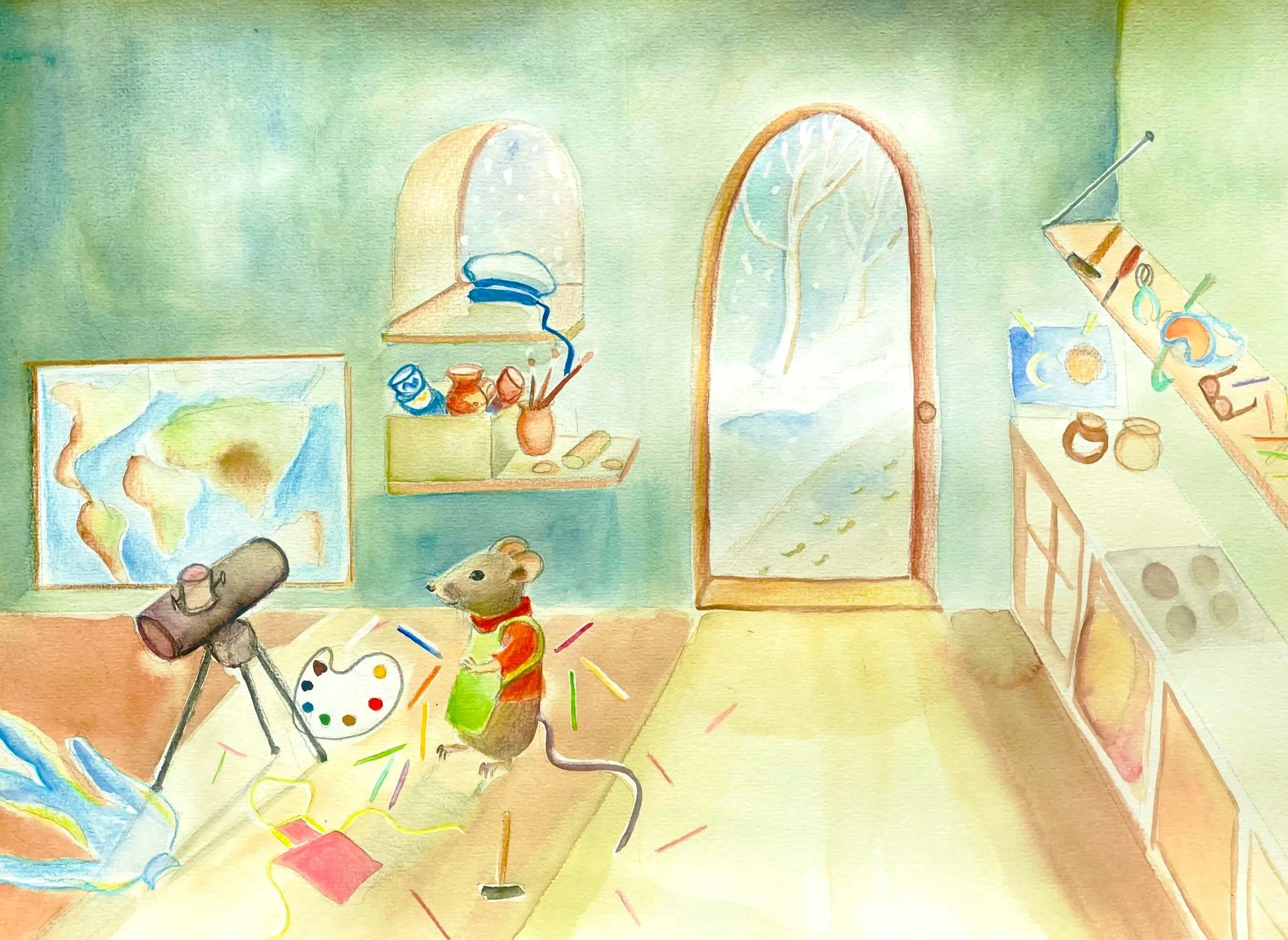 A watercolor painting of an indoor scene with one mouse. The room has a window with snow outside, a shelf with jars, and various pictures and objects on the walls.