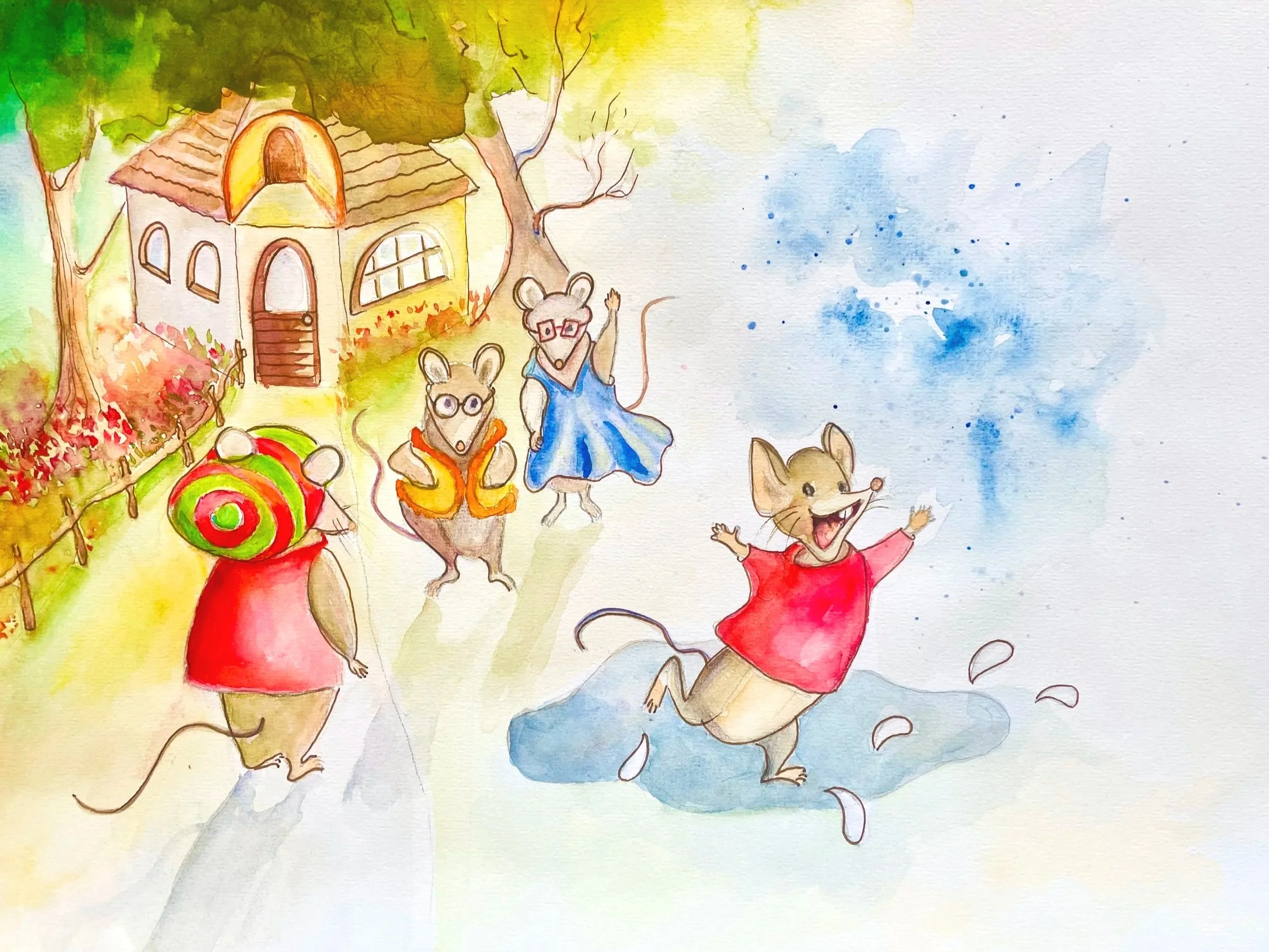 Watercolor illustration of anthropomorphic mice with glasses and colorful clothing, standing in front of a house with a thatched roof, surrounded by trees and colorful flowers, with one mouse waving and another with arms extended, against a blue sky 