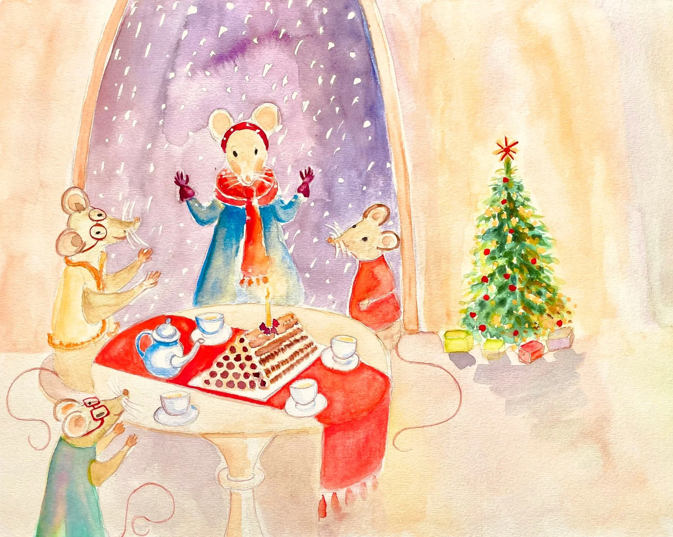 Watercolor illustration of a Christmas gathering featuring mice and a mouse standing on a table with a cake, surrounded by tea cups. A decorated Christmas tree stands to the right, and a purple curtain backdrop with falling snow is in the background.
