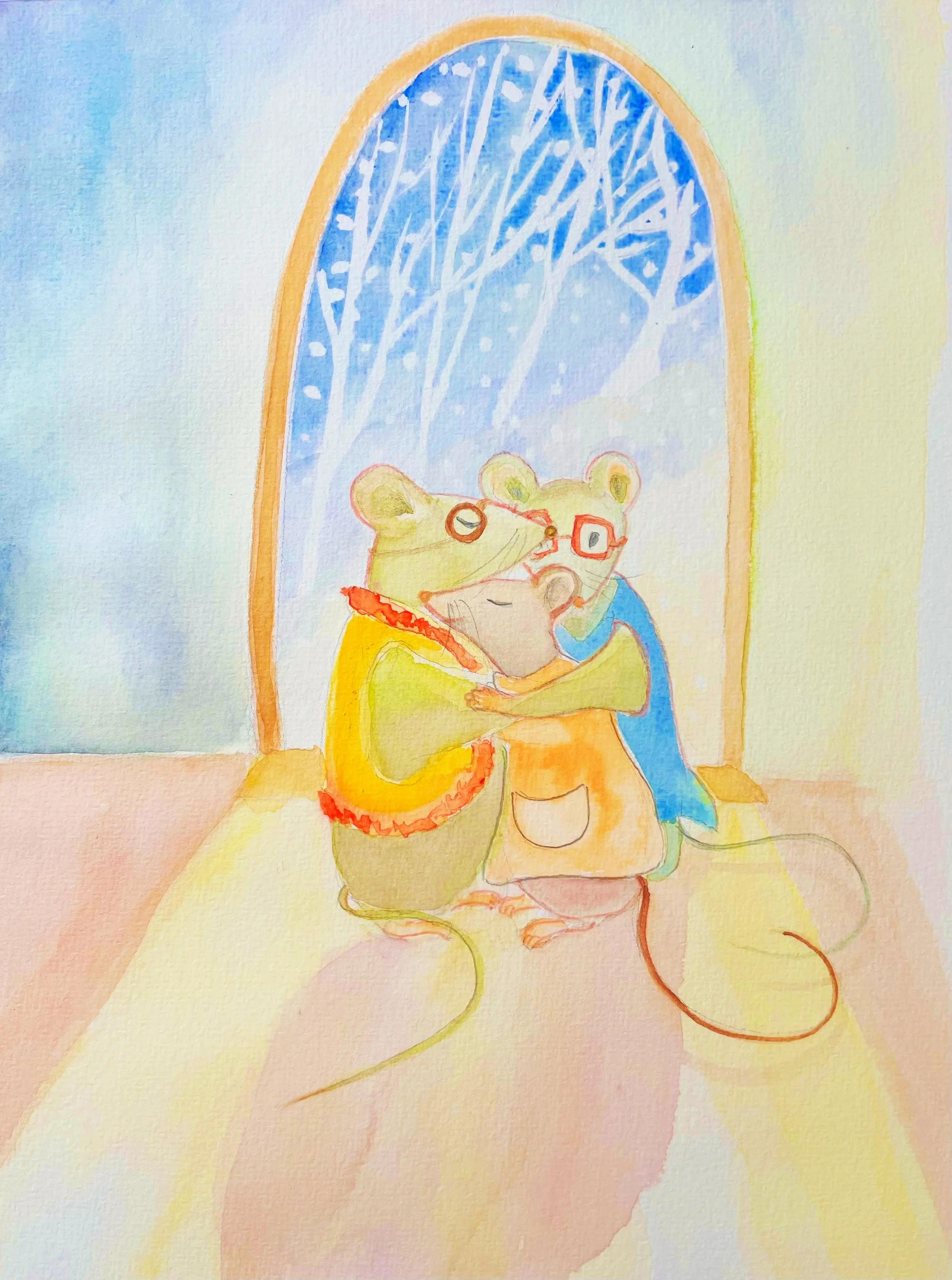A watercolor painting of three mice hugging, sitting in front of a large window with a snowy landscape outside. The mice are wearing glasses and colorful clothing.