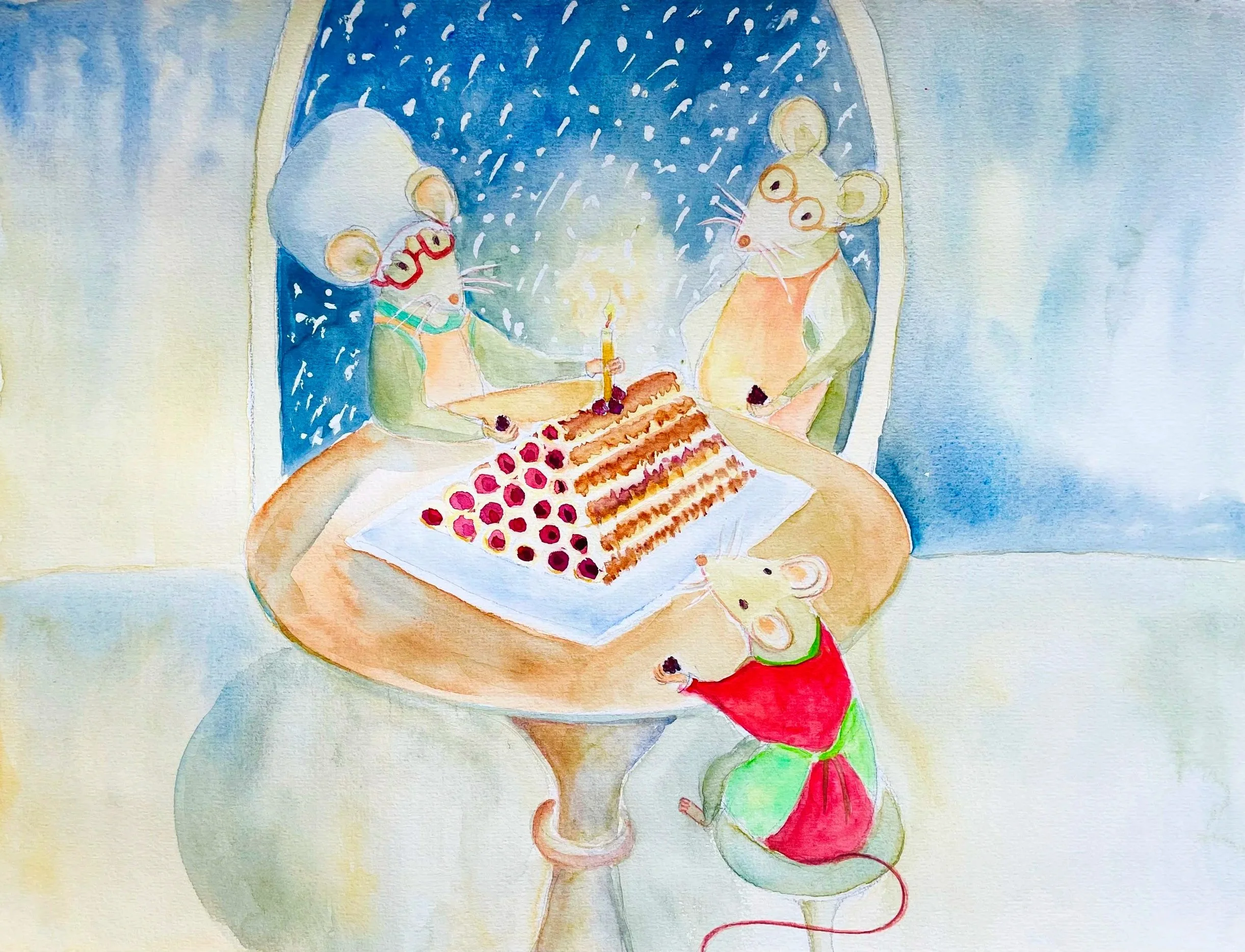 Watercolor painting of three mice celebrating a birthday with a cake topped with raspberries.