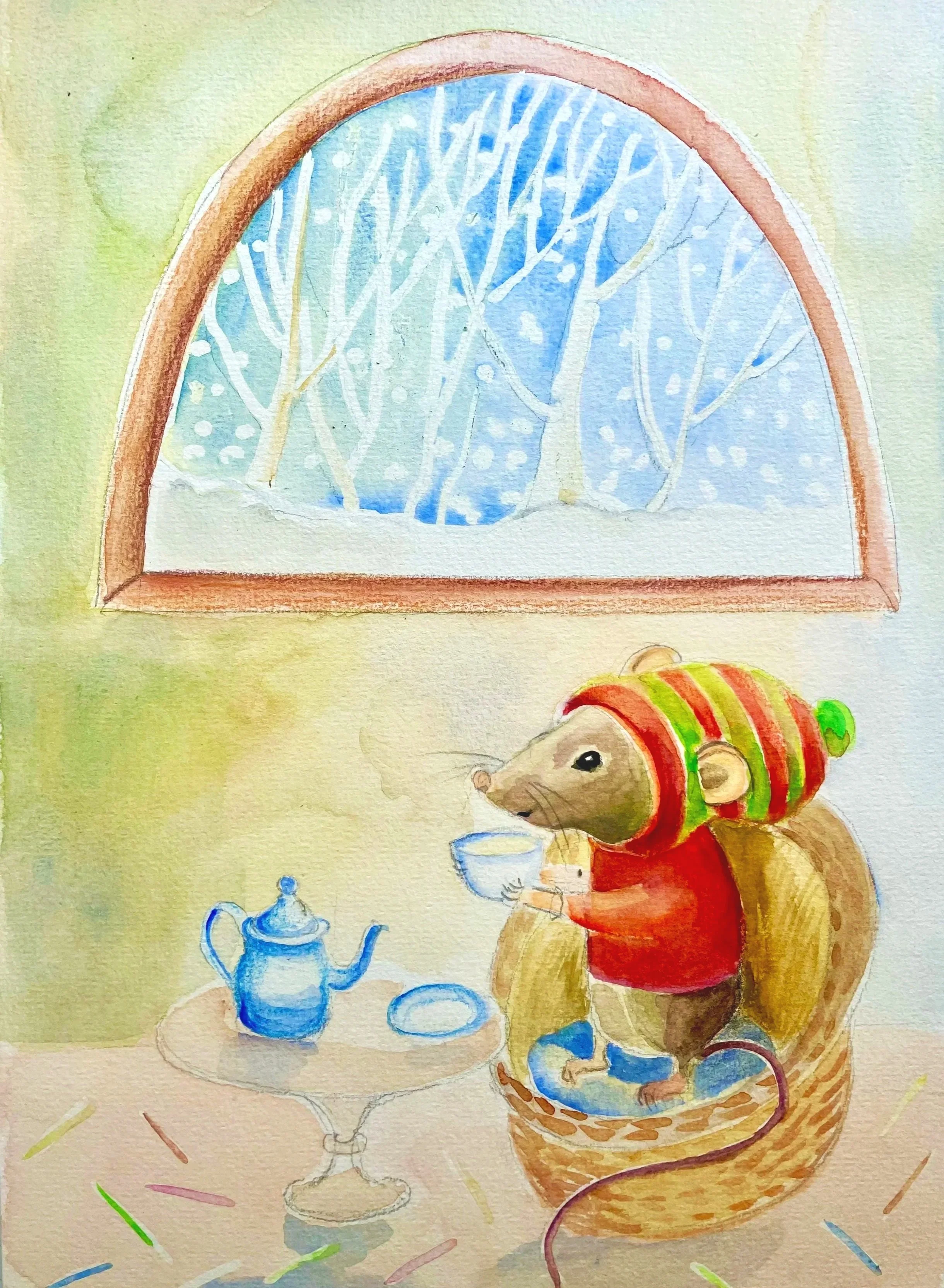 Watercolor illustration of a mouse wearing a striped hat and red vest, sitting at a table with a teapot and cup, looking at a blue and white teapot, in a room with a window showing a winter scene with snow-covered trees.