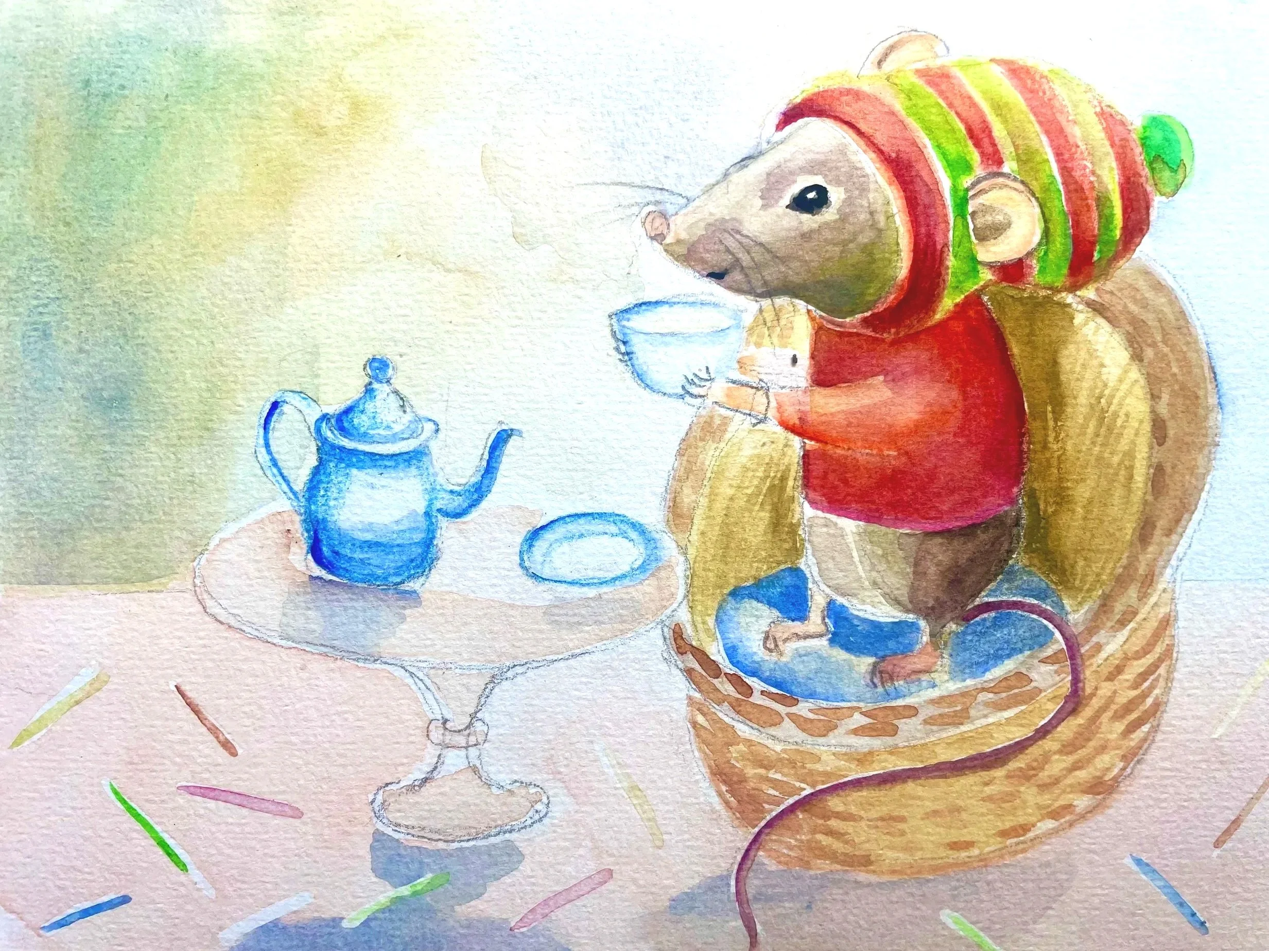 Watercolor painting of a mouse wearing a red and green striped beanie hat and a red sweater, sitting at a table with a blue teapot and a teacup, with pastel-colored background.