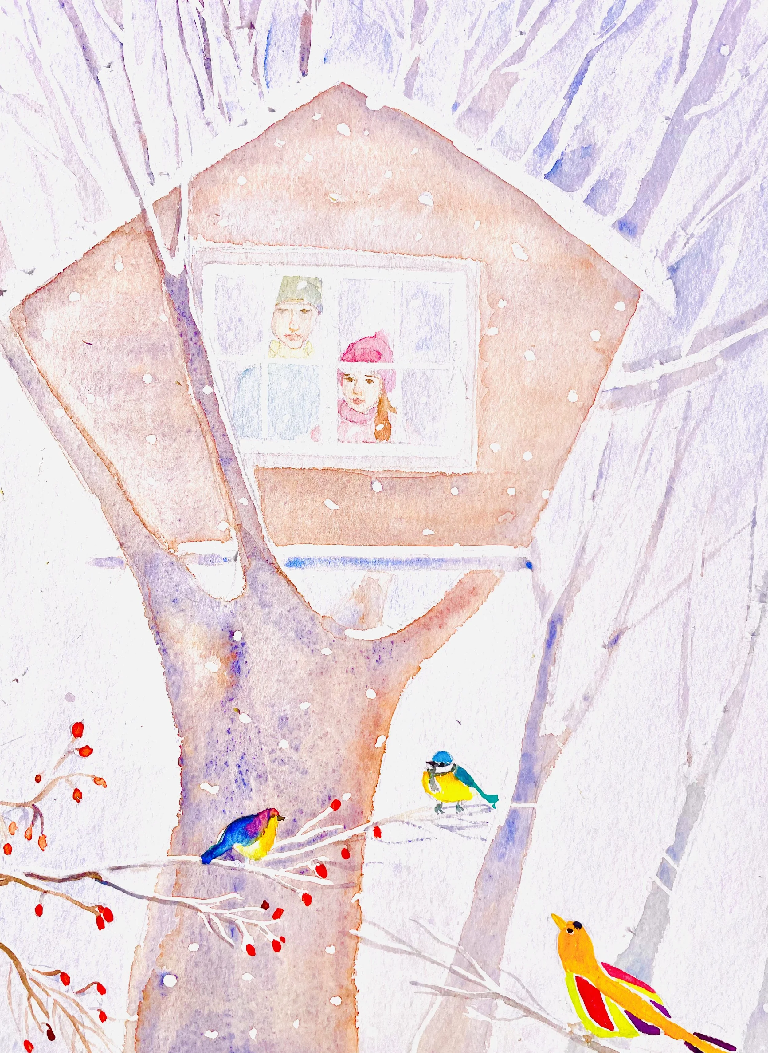 A watercolor painting depicting a winter scene with a large house or building, snow-covered trees, and colorful birds perched on branches.
