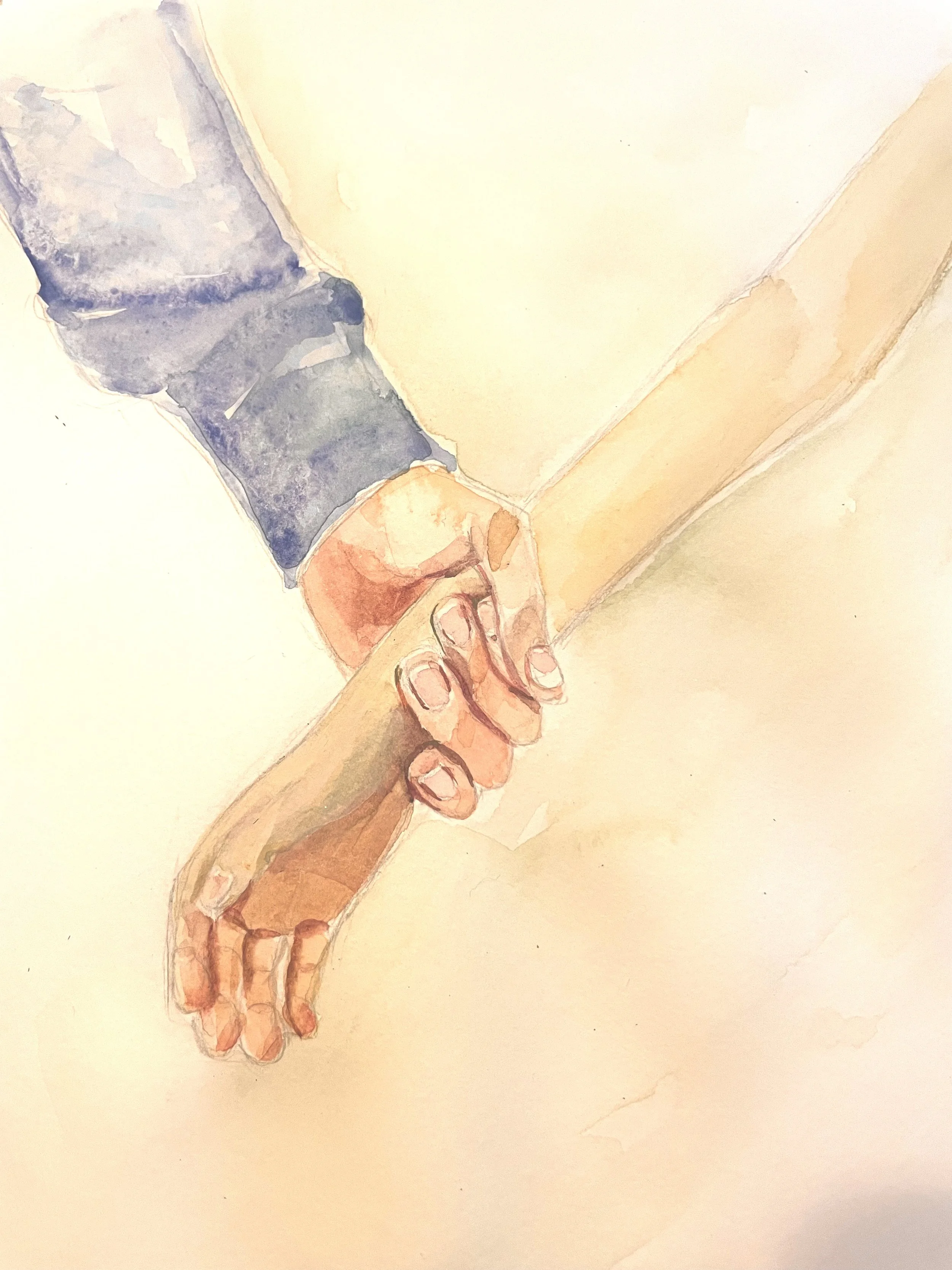 A watercolor painting depicting one hand reaching out and catching another hand, with soft, delicate colors and a minimal background.