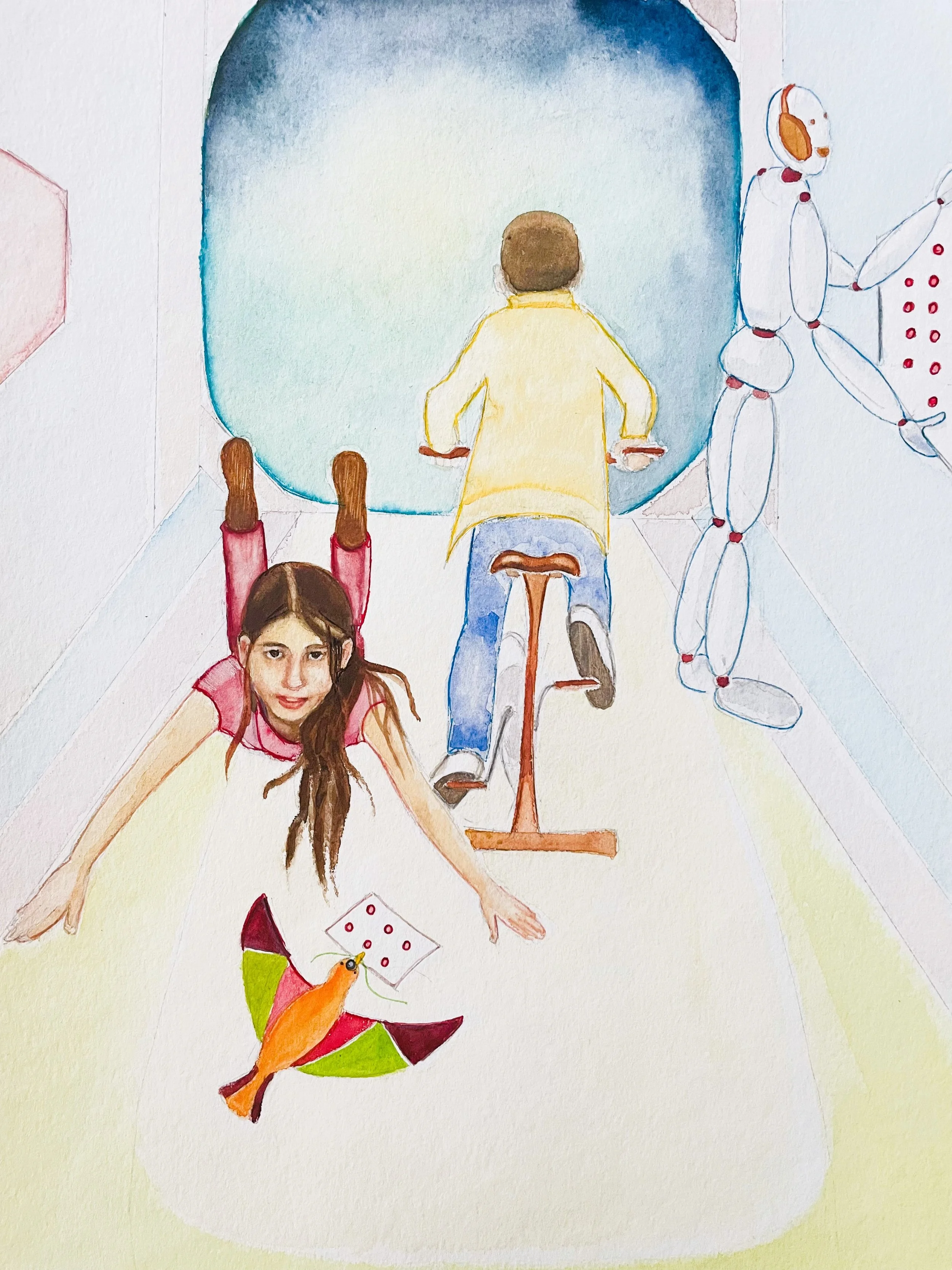 A watercolor illustration depicting two children and a robot with a background of a wash of muted colors.