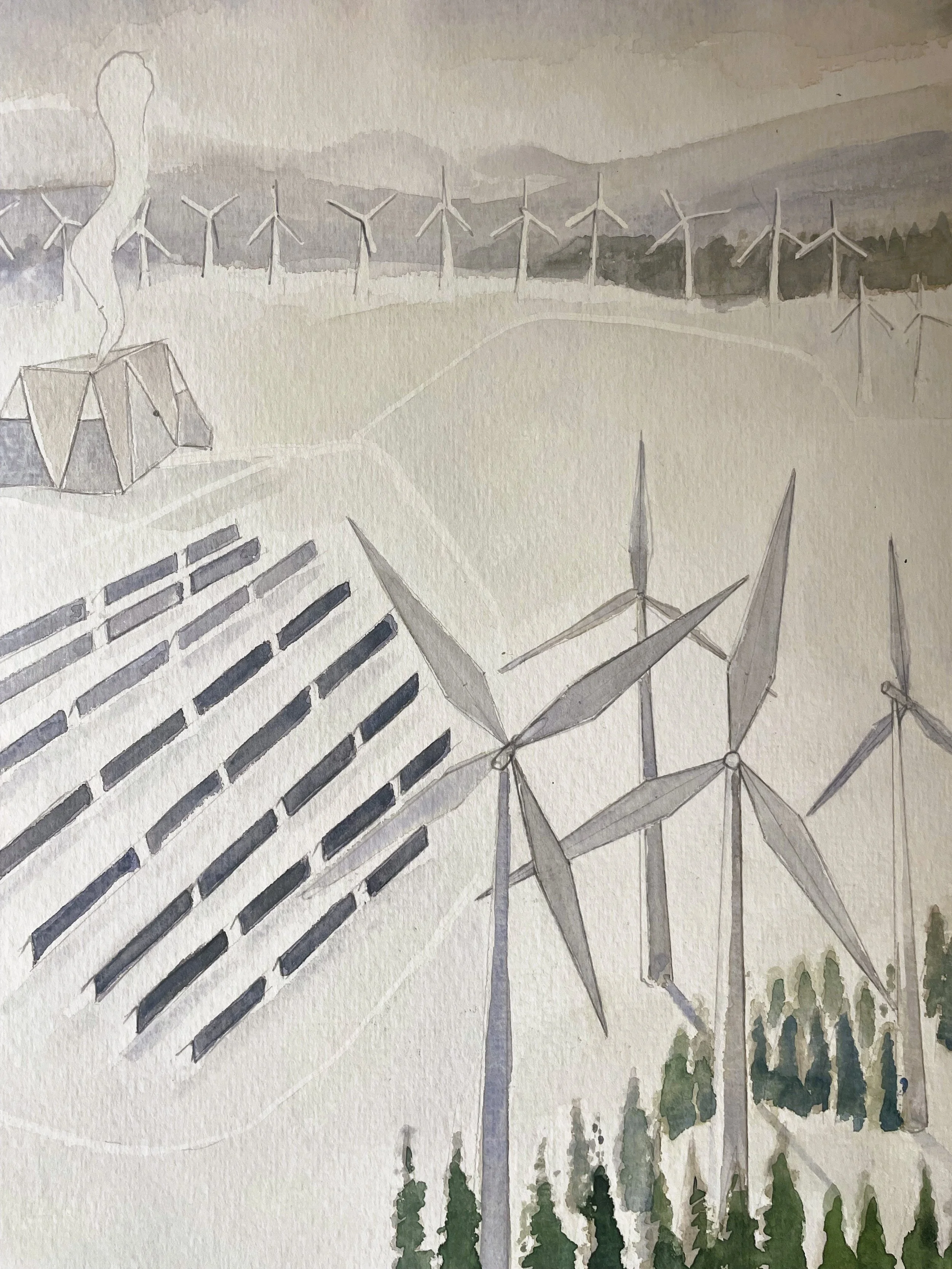 Watercolor painting of multiple wind turbines on a hillside with mountains in the background and trees in the foreground.