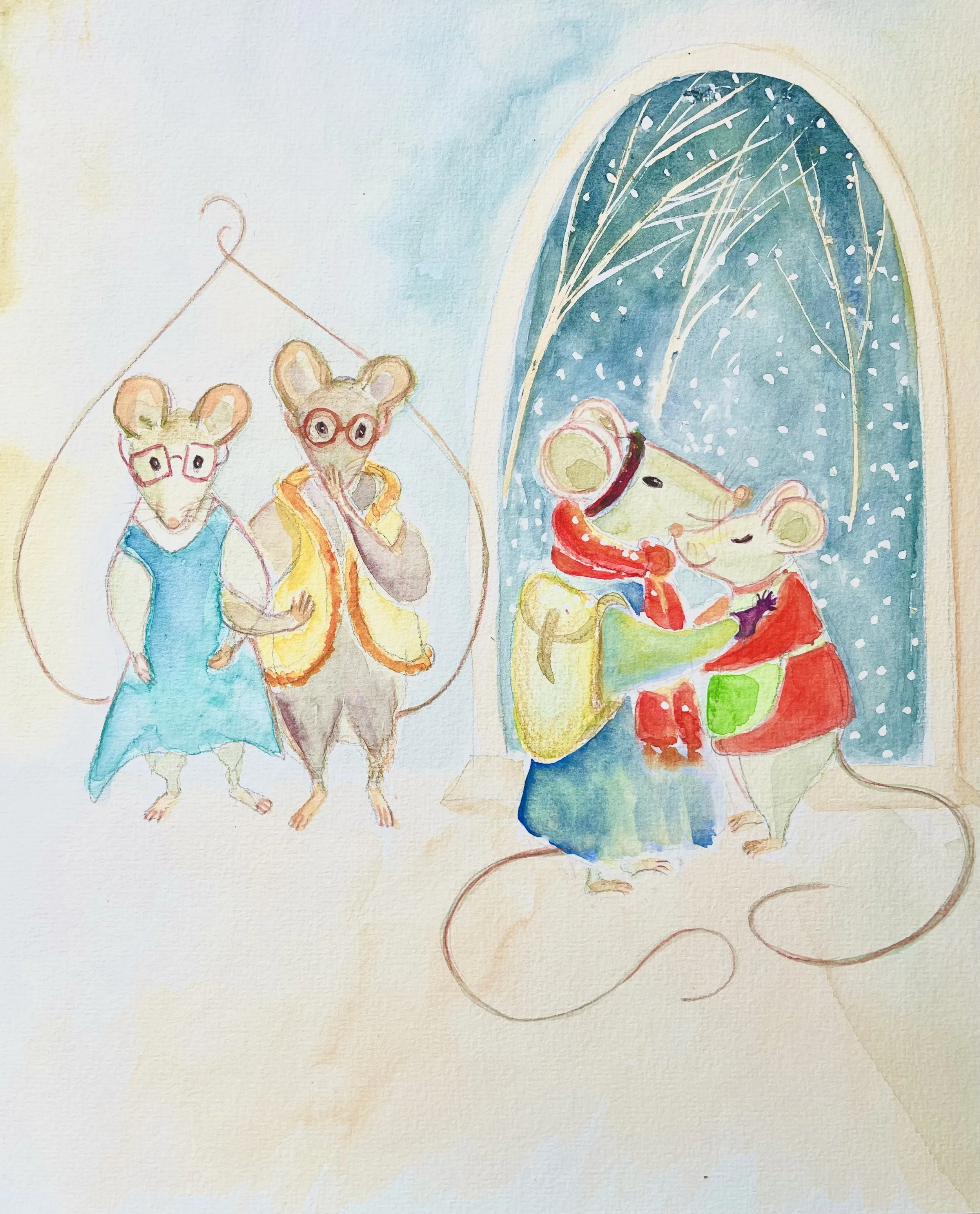 A watercolor illustration of two mice hugging in front of a door. Through the doorway, a winter scene can be seen. On the left, two other mice are standing quietly, suggesting that they do not want to interrupt the two mice who are hugging.