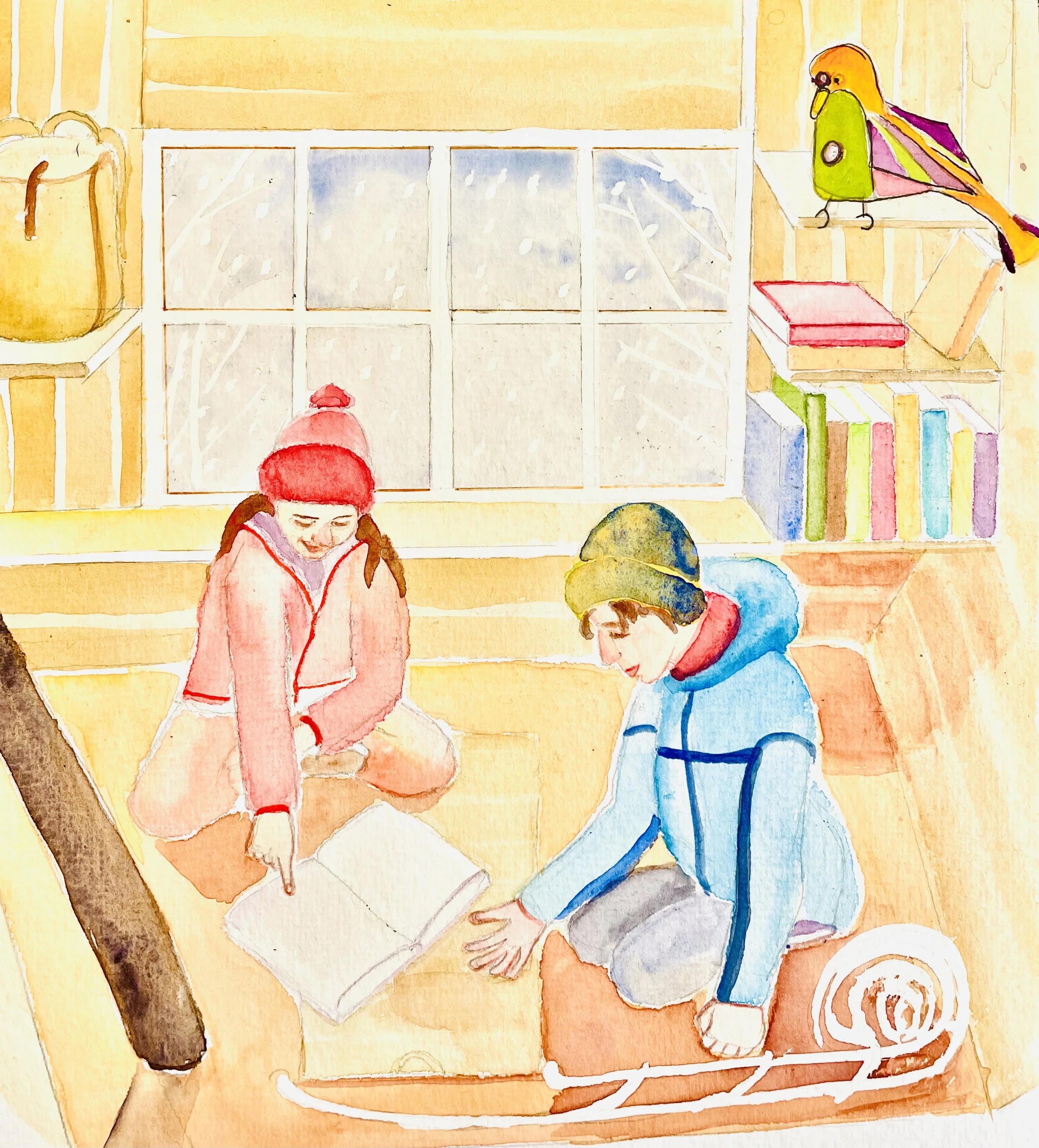 A watercolor illustration of a girl with pigtails wearing a pink jacket and a winter hat, sitting on the ground, and a boy wearing a blue jacket and a yellow-green winter hat, kneeling and reaching out to her. They are near a window.