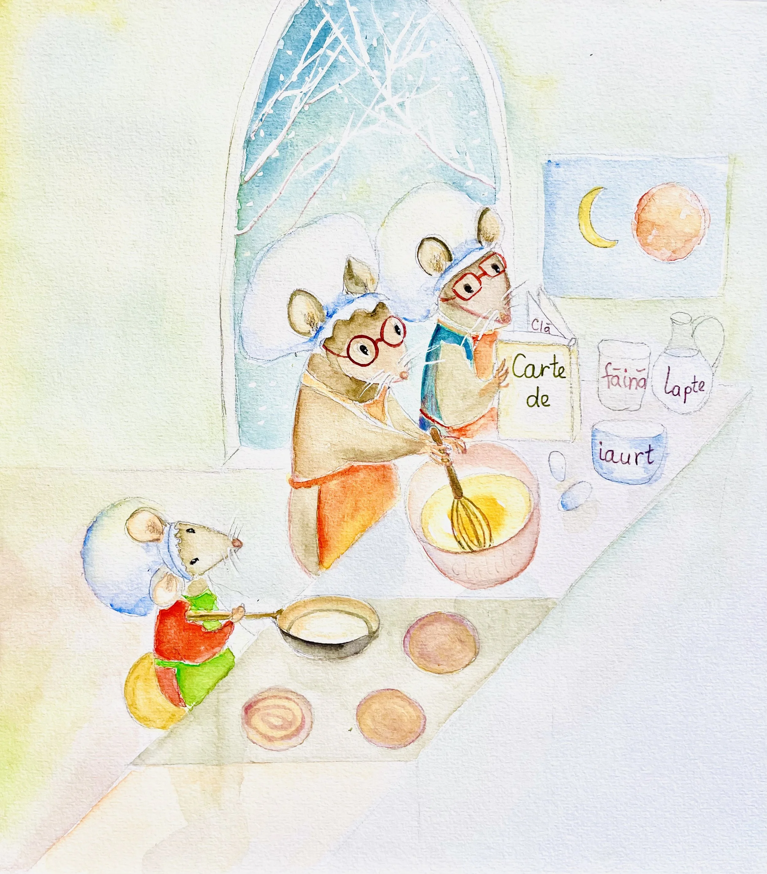 Watercolor illustration of mice baking in the kitchen