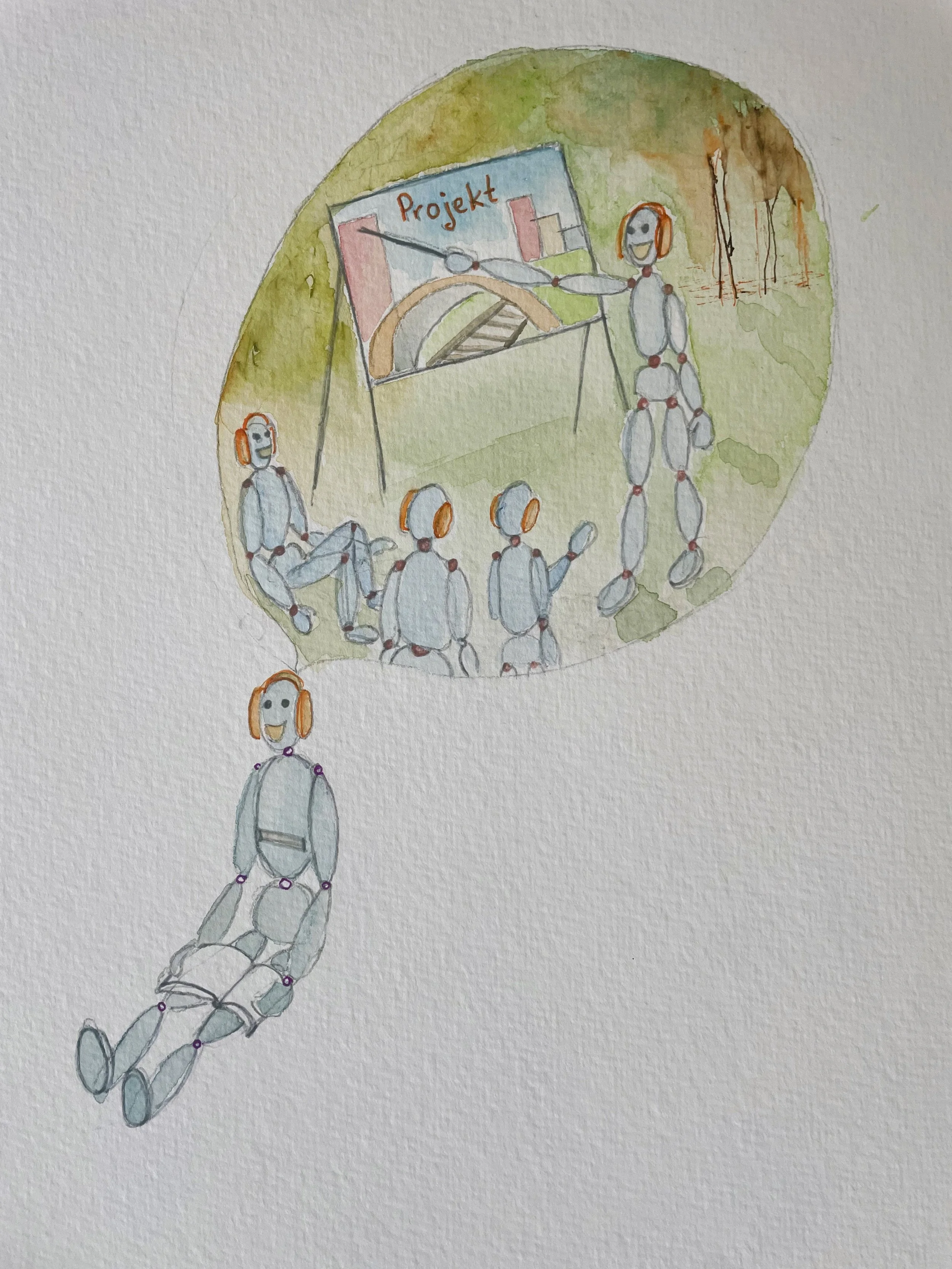 A drawing of a group of robots around a presentation board with the word 'Projekt' written on it, set outdoors with trees in the background.