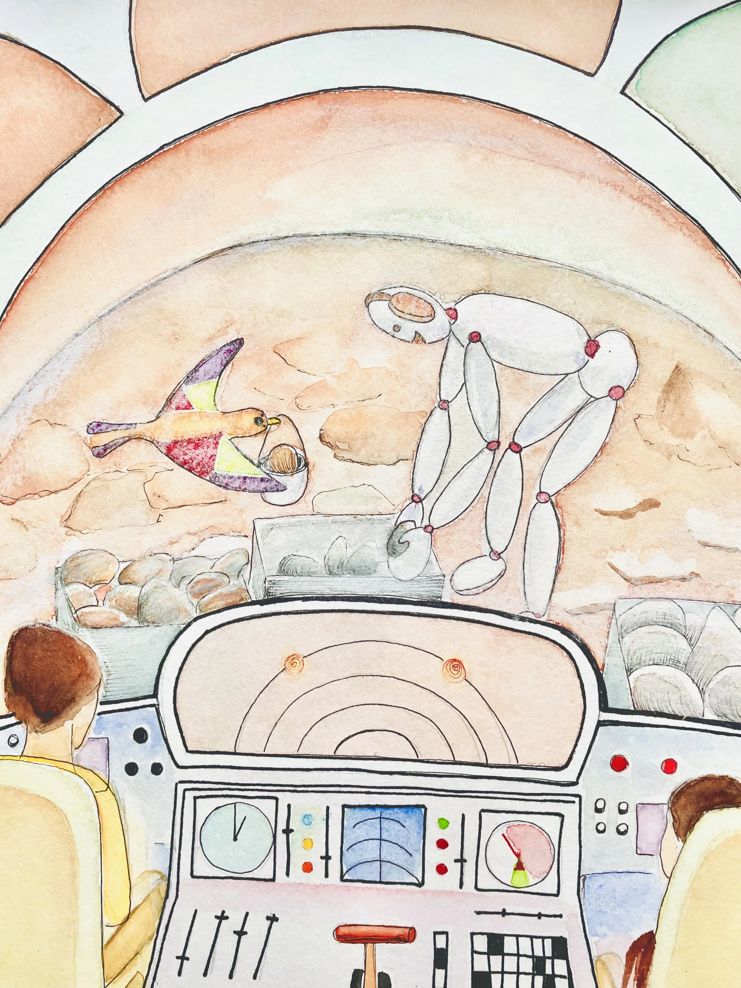 A watercolor illustration of a spacecraft cockpit with a pilot in yellow and brown, and a robot with an oval head and long limbs, looking at a screen inside the spacecraft.