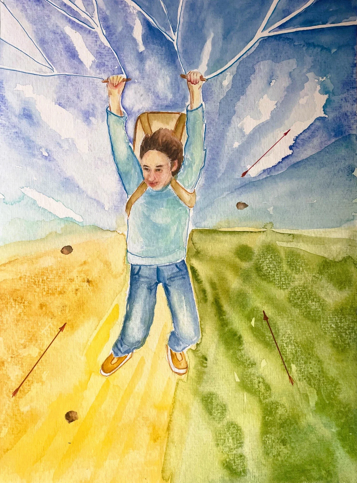 A young woman with brown hair holding onto two ropes, zip-lining through a bright, partly cloudy sky with green and yellow fields below.