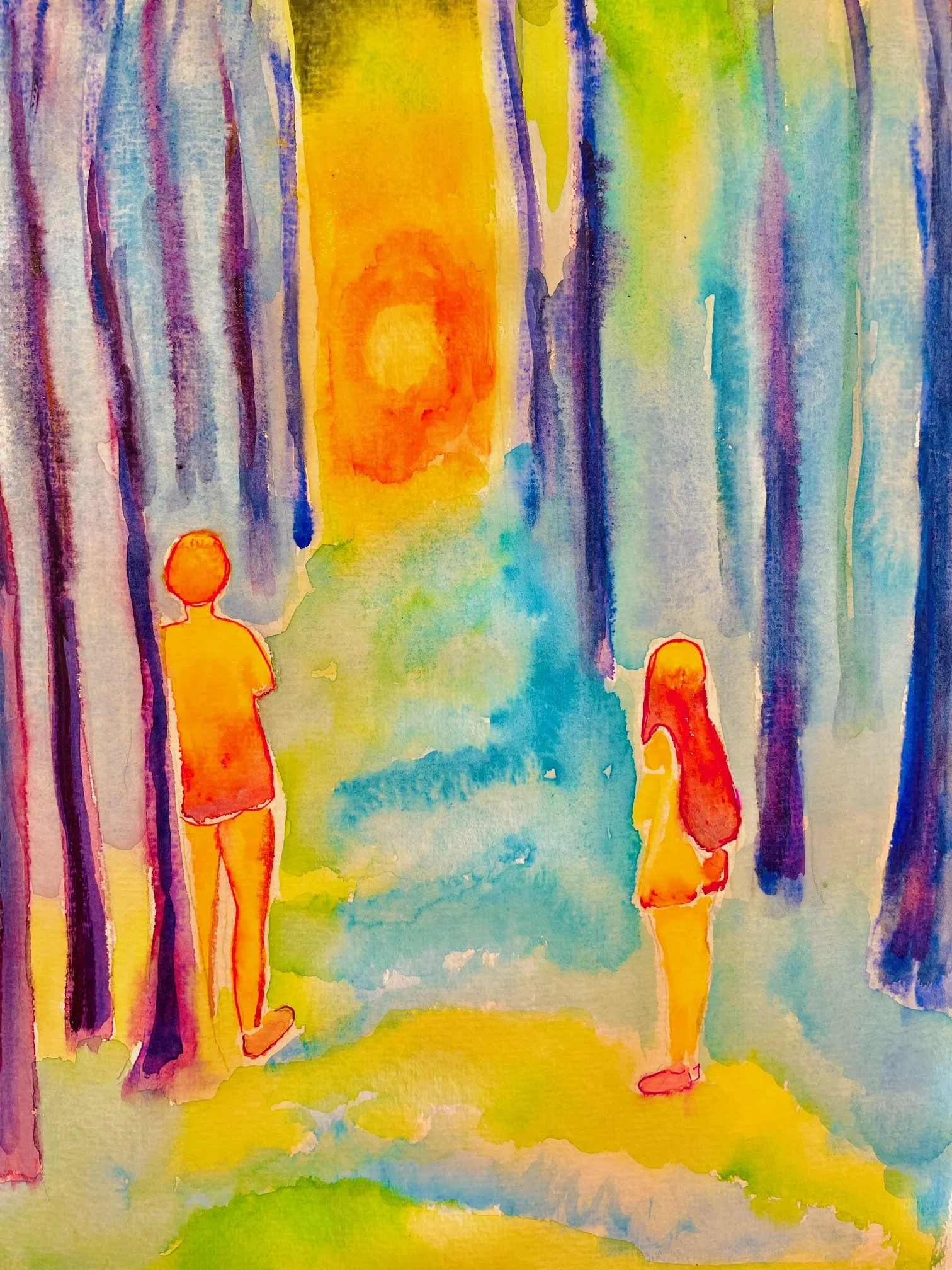 A watercolor painting of two human figures, a boy and a girl, standing in a forest and staring toward the horizon, where a powerful yellow light like a fire can be seen. The colors are rendered in an infrared-camera style.